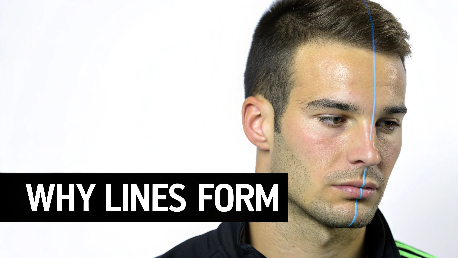 A man's face with a blue vertical line demonstrating facial structure, next to text 'WHY LINES FORM'.