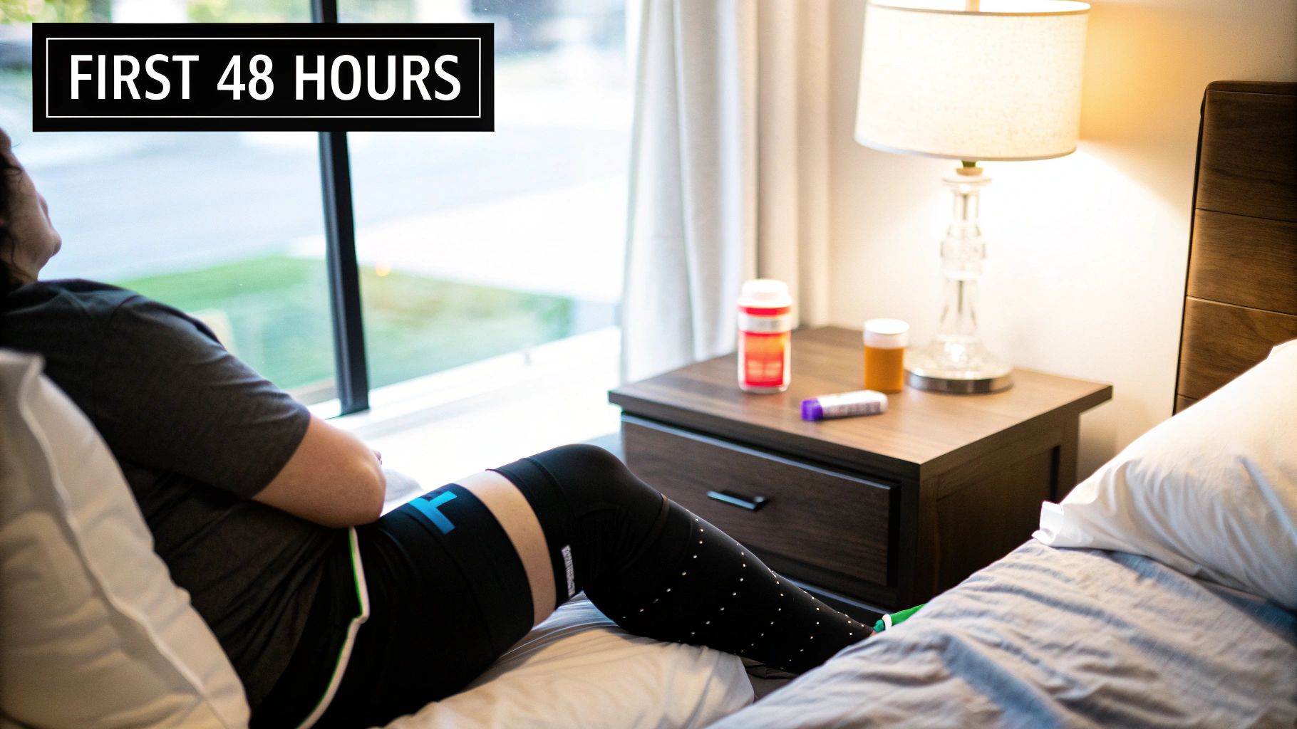 Patient in bed wearing a knee brace and compression sleeve, with medication on a nightstand, indicating early recovery.