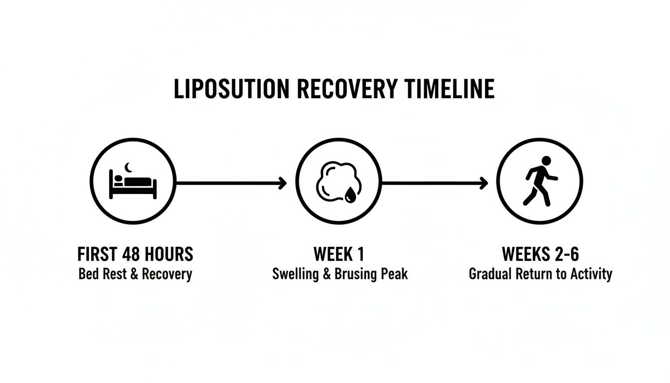 Infographic detailing liposuction recovery timeline: bed rest, swelling peak, and gradual return to activity.