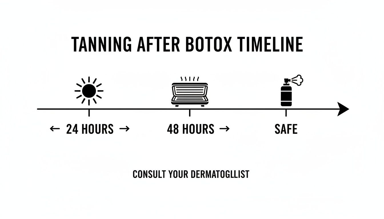 A timeline graphic showing recommended wait times for sun, tanning beds, and spray tans after Botox injections.