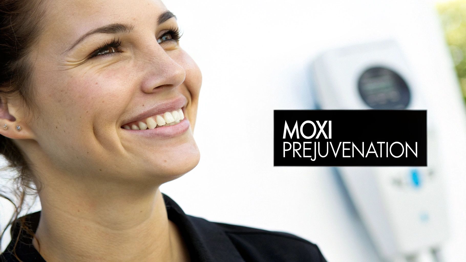 A smiling woman with radiant skin looks upwards, promoting Moxi Prejuvenation treatment.