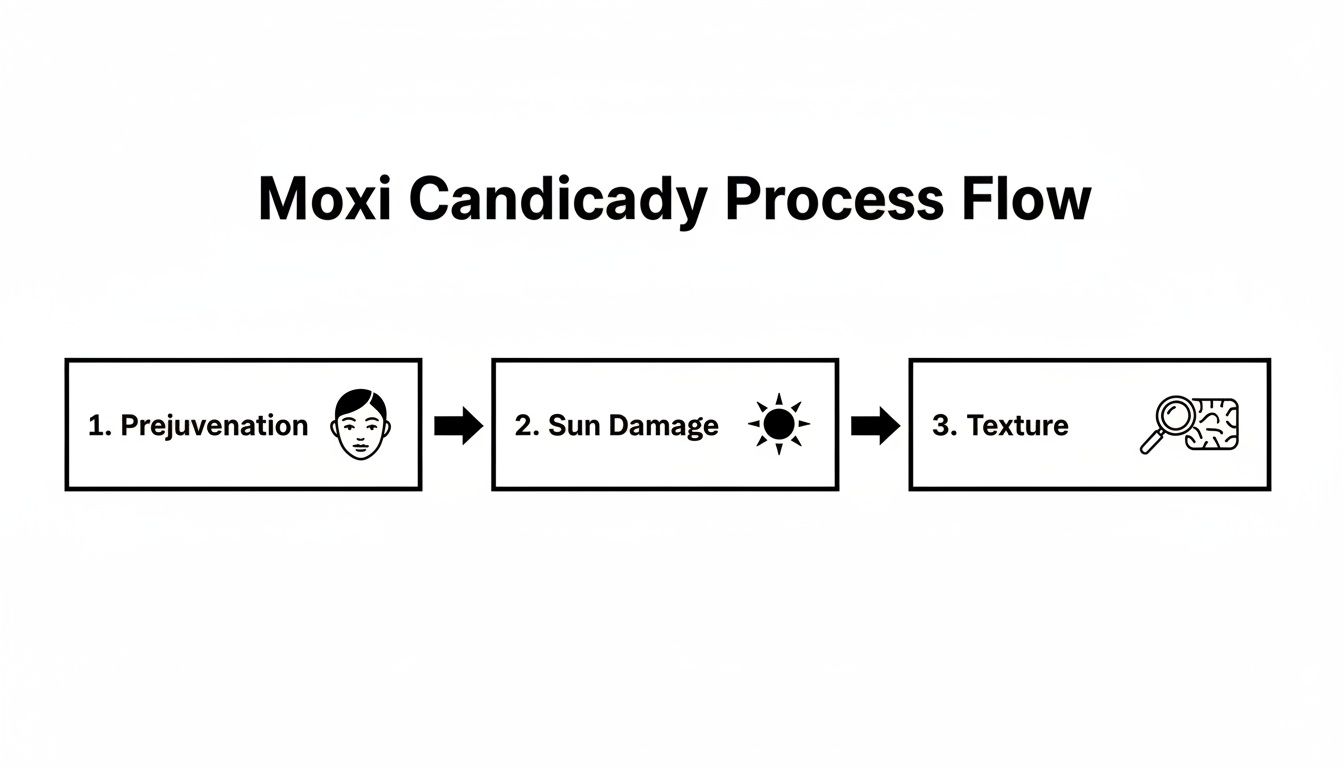A process flow diagram illustrating Moxi Candicady treatment steps: Prejuvenation, Sun Damage, and Texture.