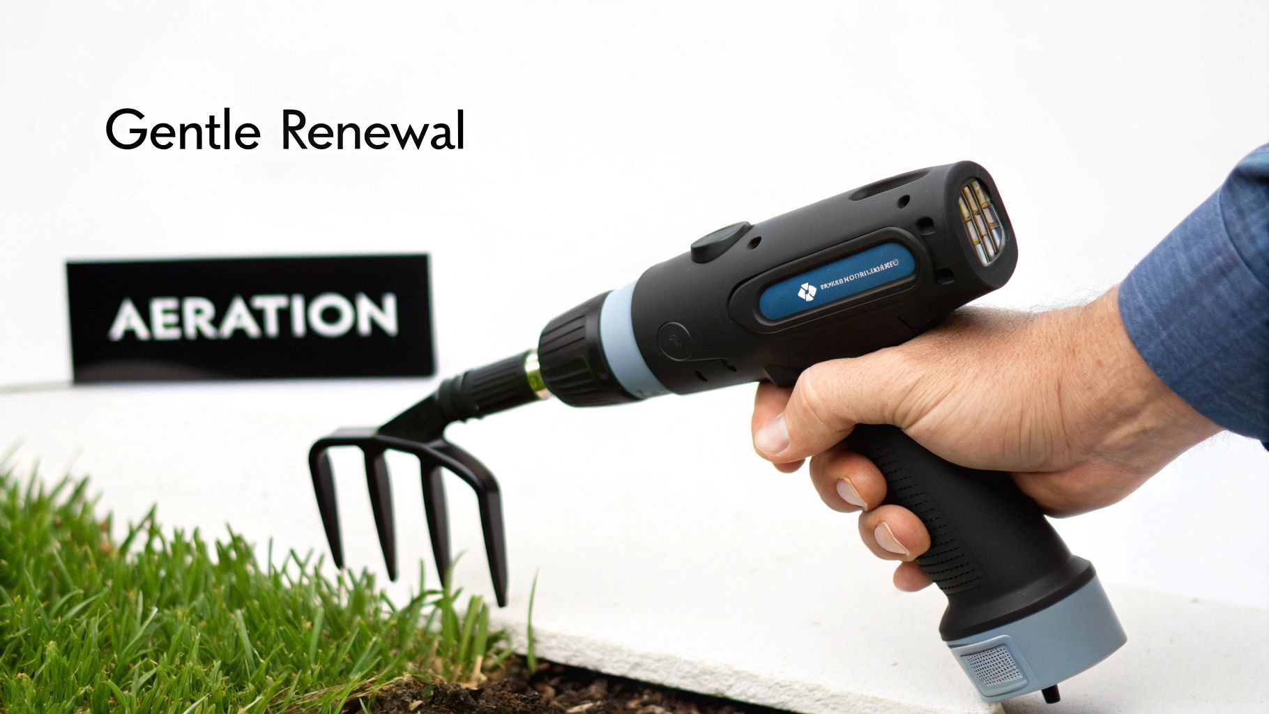 A person's hand holds an electric aeration tool with a rake attachment on grass, with an "AERATION" sign.