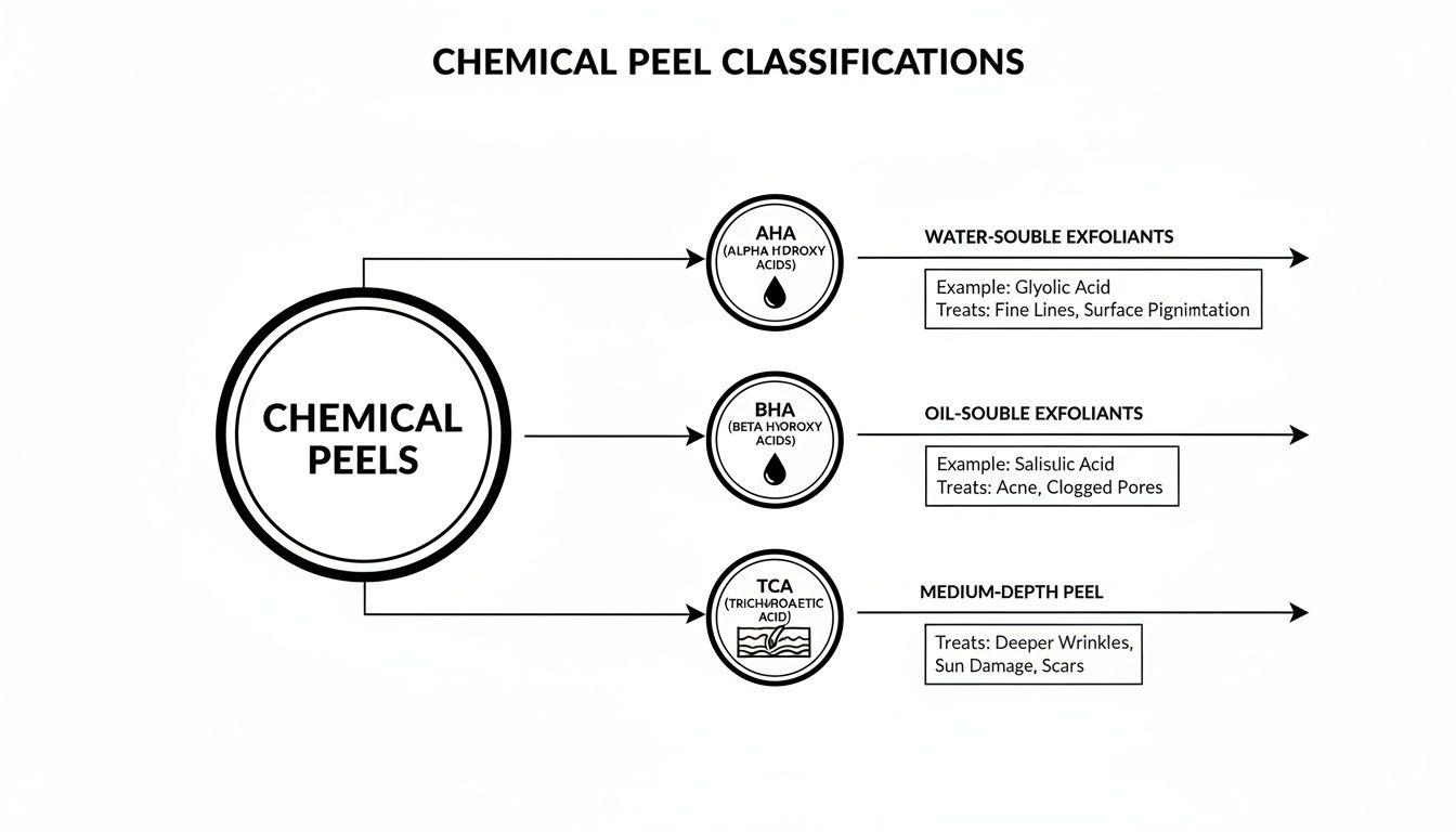 A diagram classifying chemical peels into AHA, BHA, and TCA, detailing their types and treated conditions.