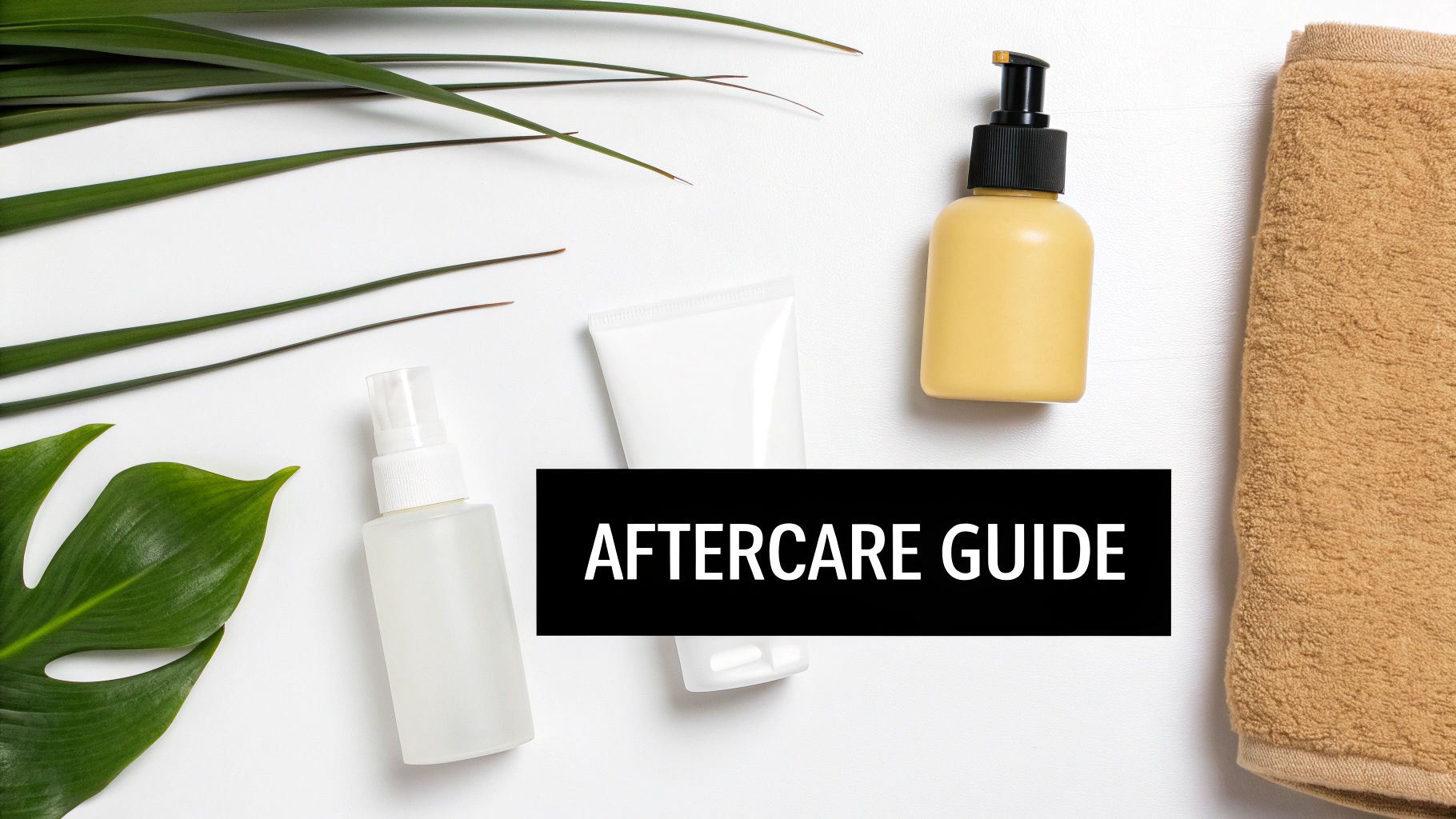 Skincare products, green leaves, and a towel on white, featuring an 'AFTERCARE GUIDE' text.