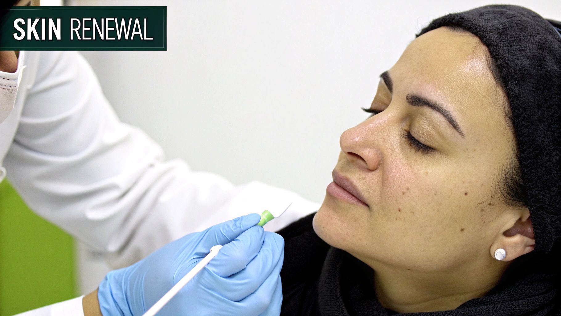 A person undergoing a skin renewal procedure, with a professional's gloved hand holding a treatment device near their face.