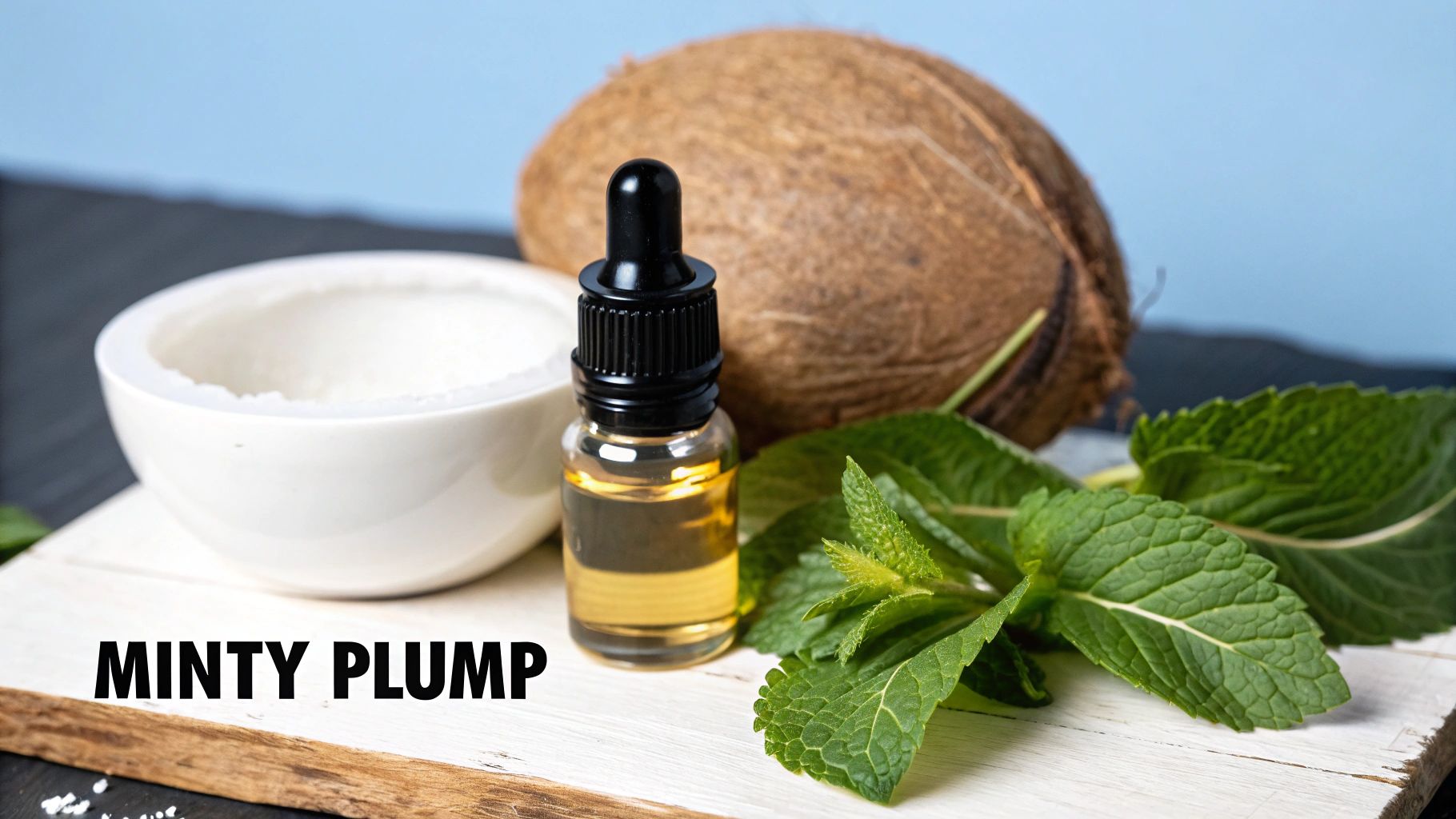 Mint leaves, essential oil dropper bottle, and a coconut on a wooden board, suggesting natural lip care.