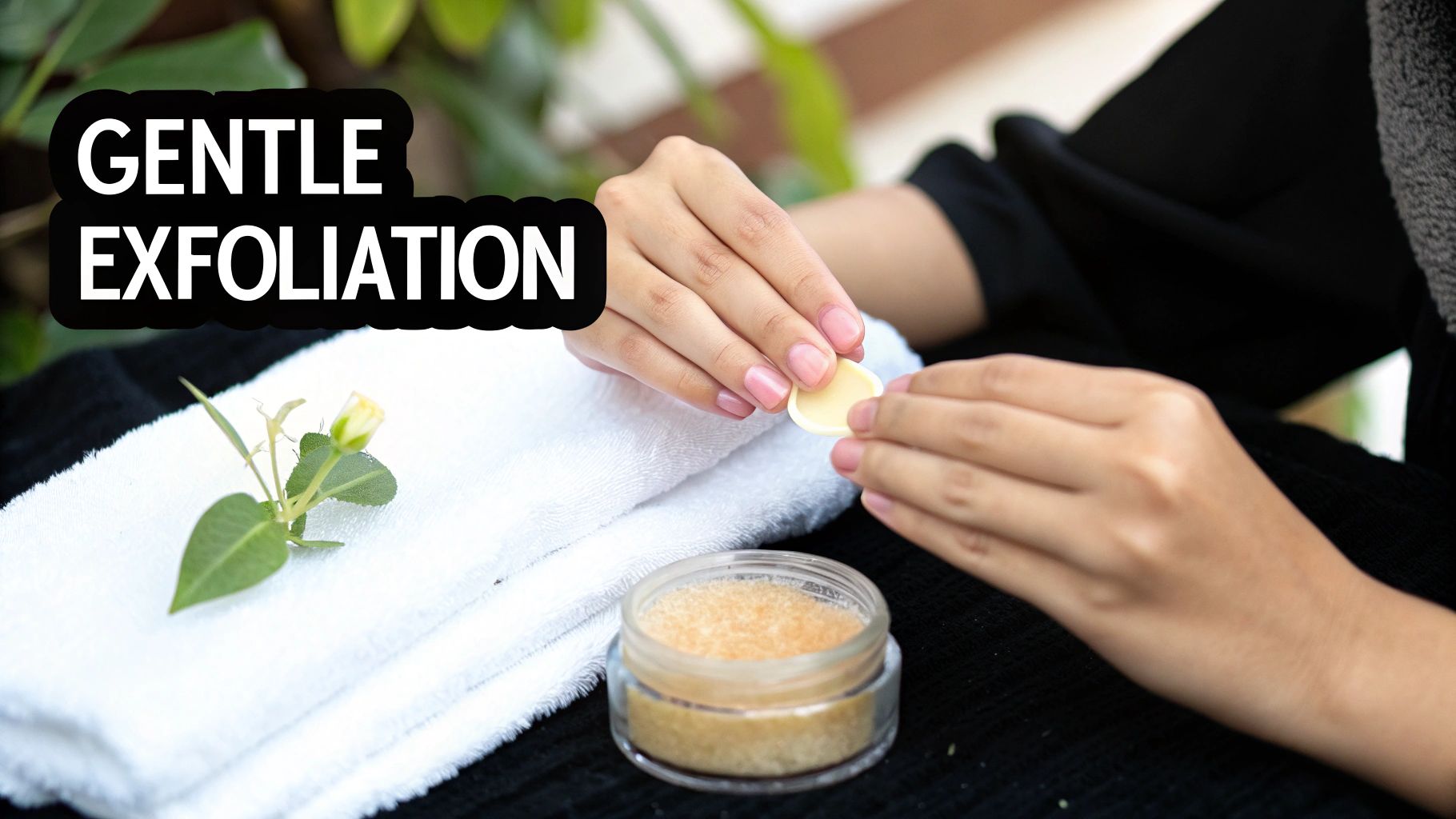 A close-up of hands applying a gentle exfoliation product, with a scrub jar and white towel.