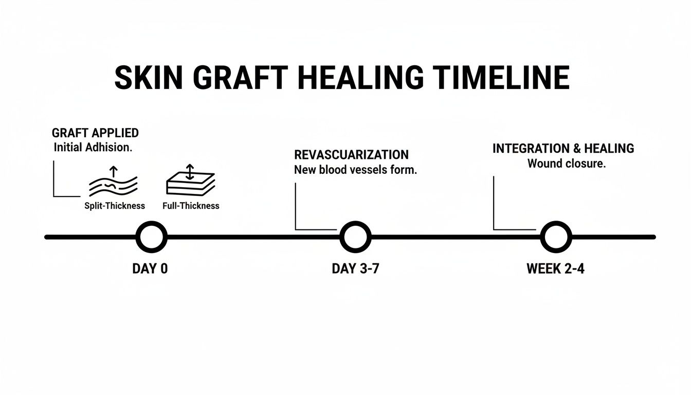 Timeline diagram illustrating the stages of skin graft healing, from initial adhesion to wound closure.