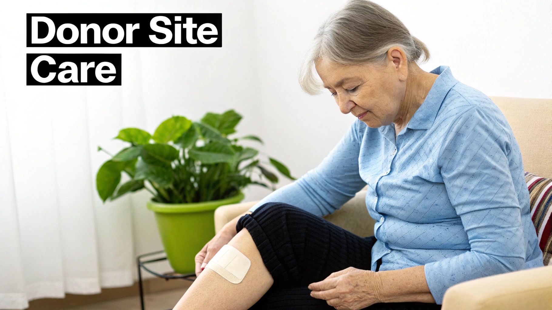 An older woman in a blue shirt sits, looking at a bandage on her leg for donor site care.