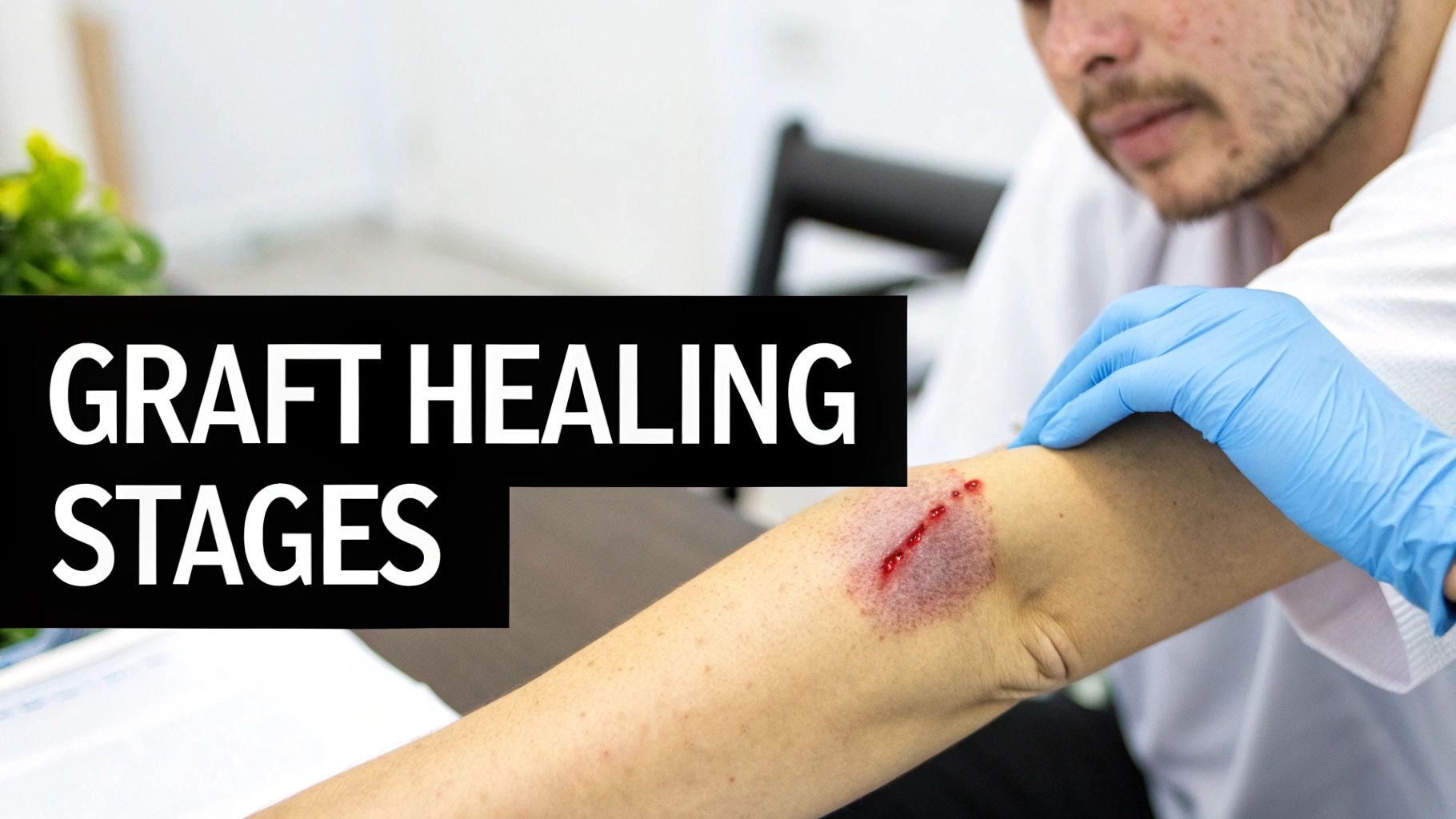 A gloved hand examining a fresh skin graft wound on a person's arm, with text 'GRAFT HEALING STAGES'.