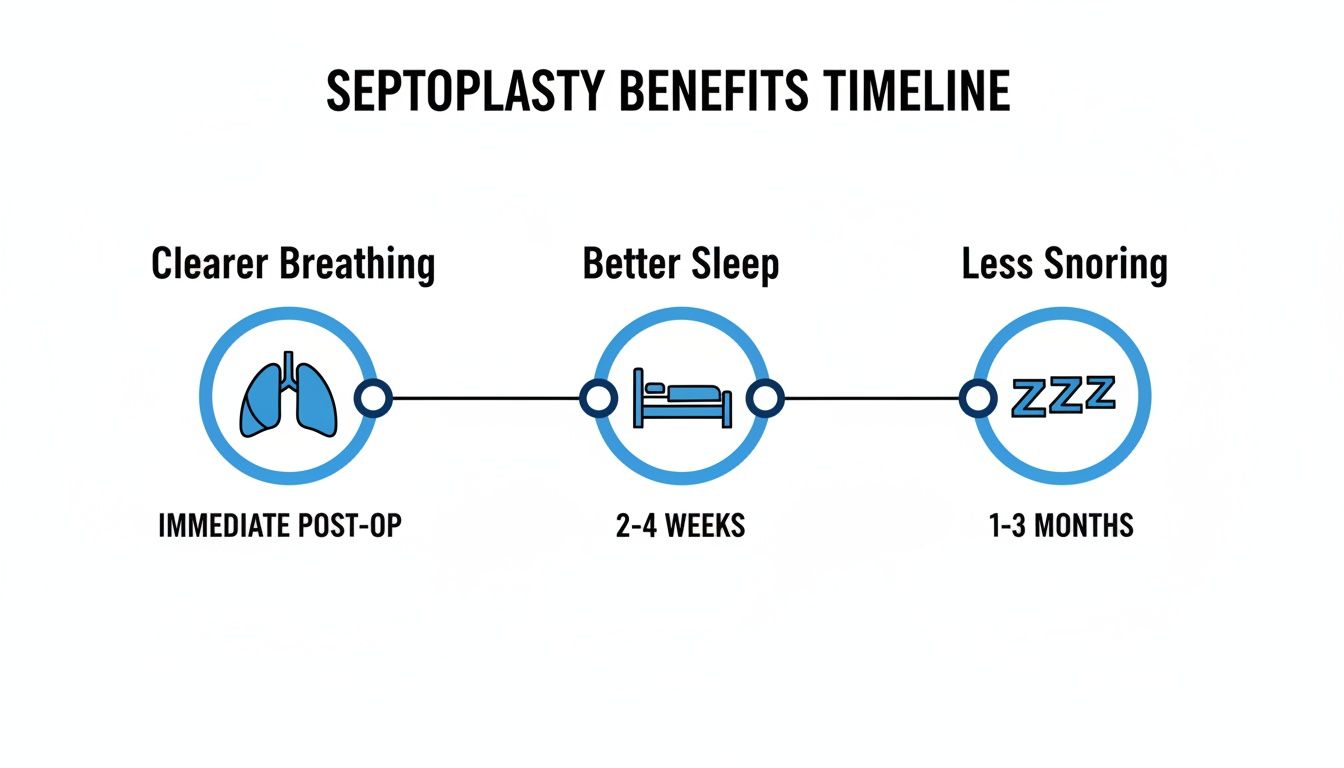 A timeline infographic illustrating the benefits of septoplasty: clearer breathing, better sleep, and less snoring over time.
