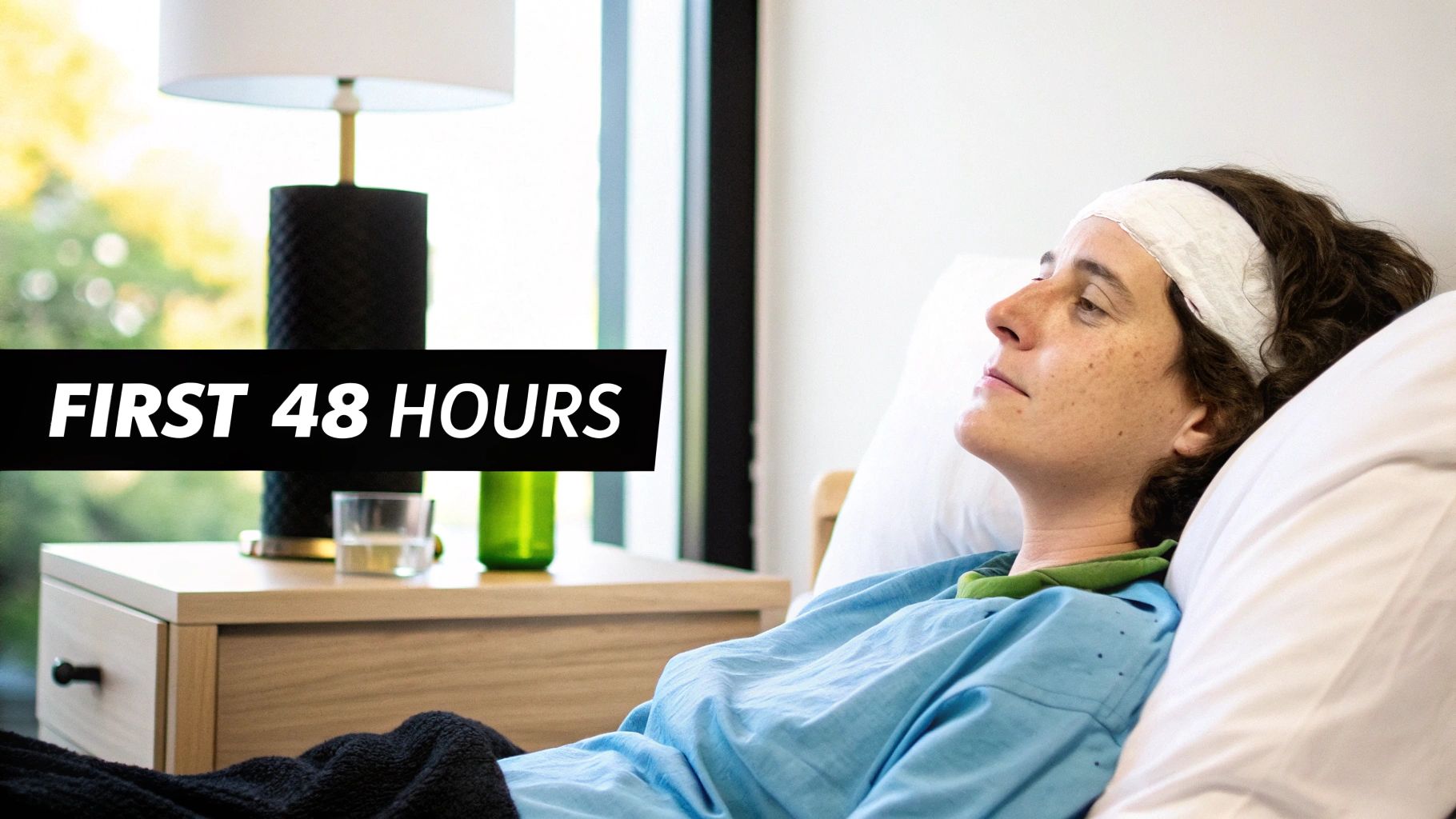 A person with a head bandage lies in a hospital bed during the first 48 hours of recovery.