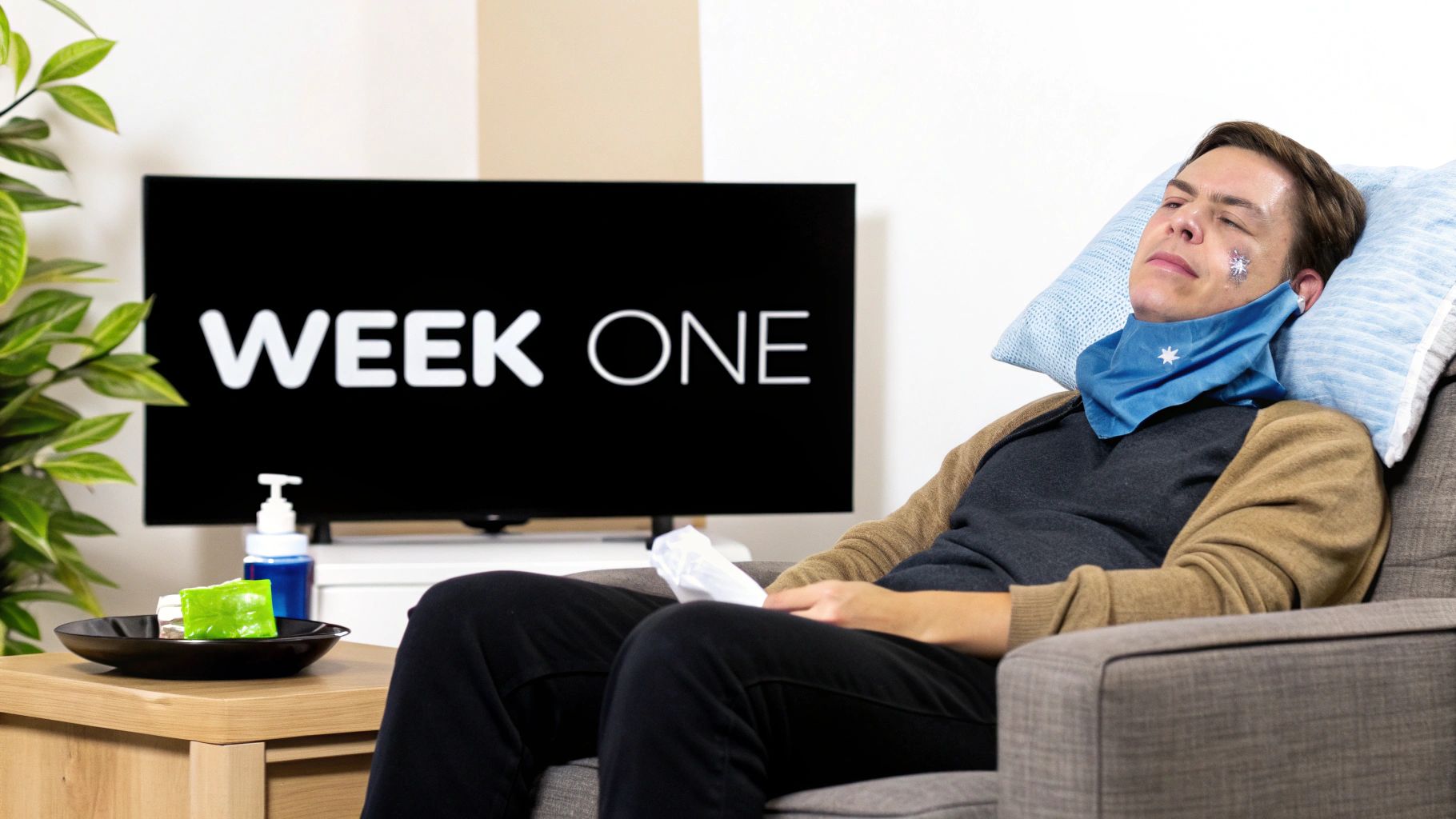 Man recovering on a couch with an ice pack and neck wrap, TV shows "WEEK ONE."