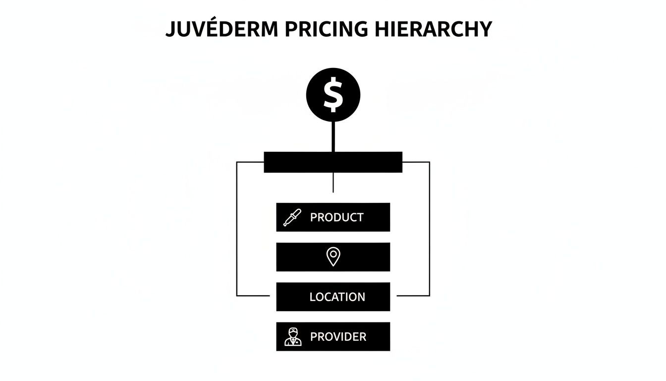 Flowchart illustrating Juvéderm pricing hierarchy, showing factors like product, location, and provider.