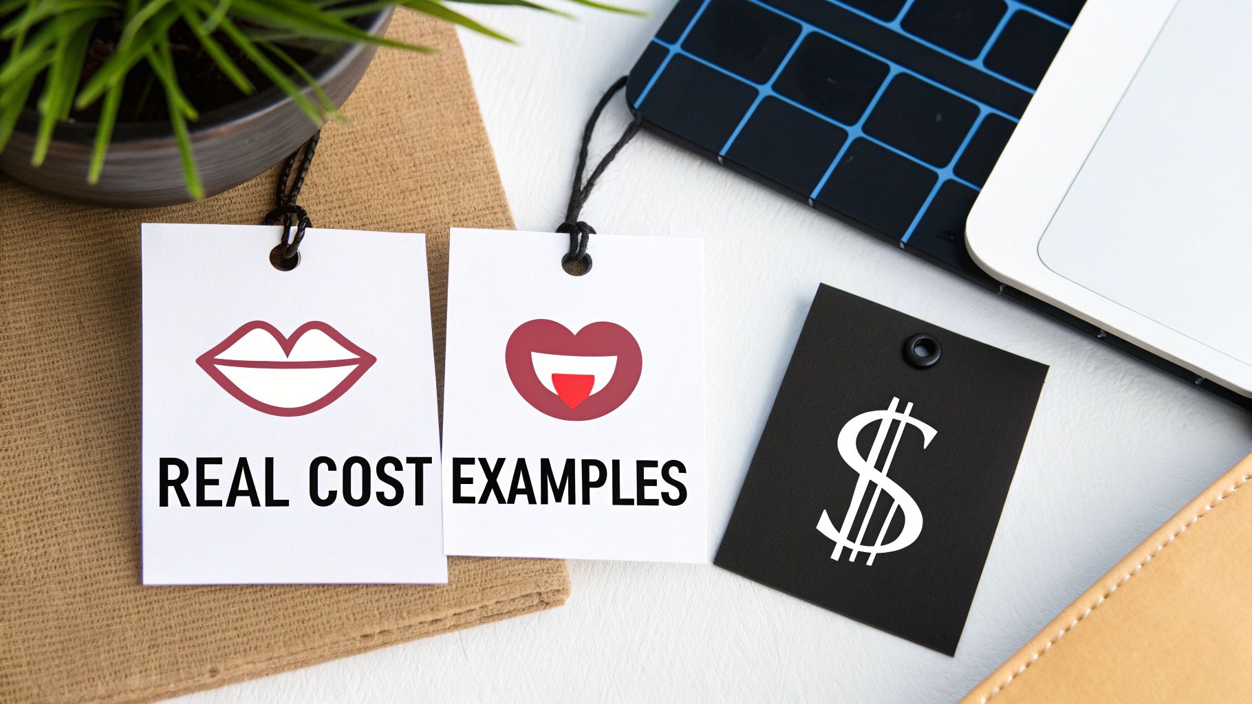 Two white tags display 'REAL COST EXAMPLES' with lip icons, beside a black tag with a dollar sign.