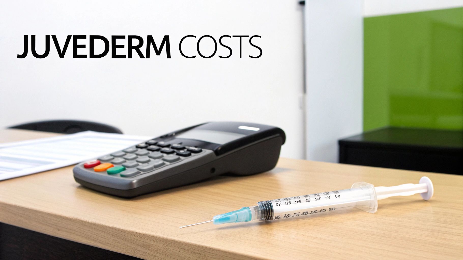 Text 'JUVEDERM COSTS' on a wall above a desk with a payment terminal and a syringe.