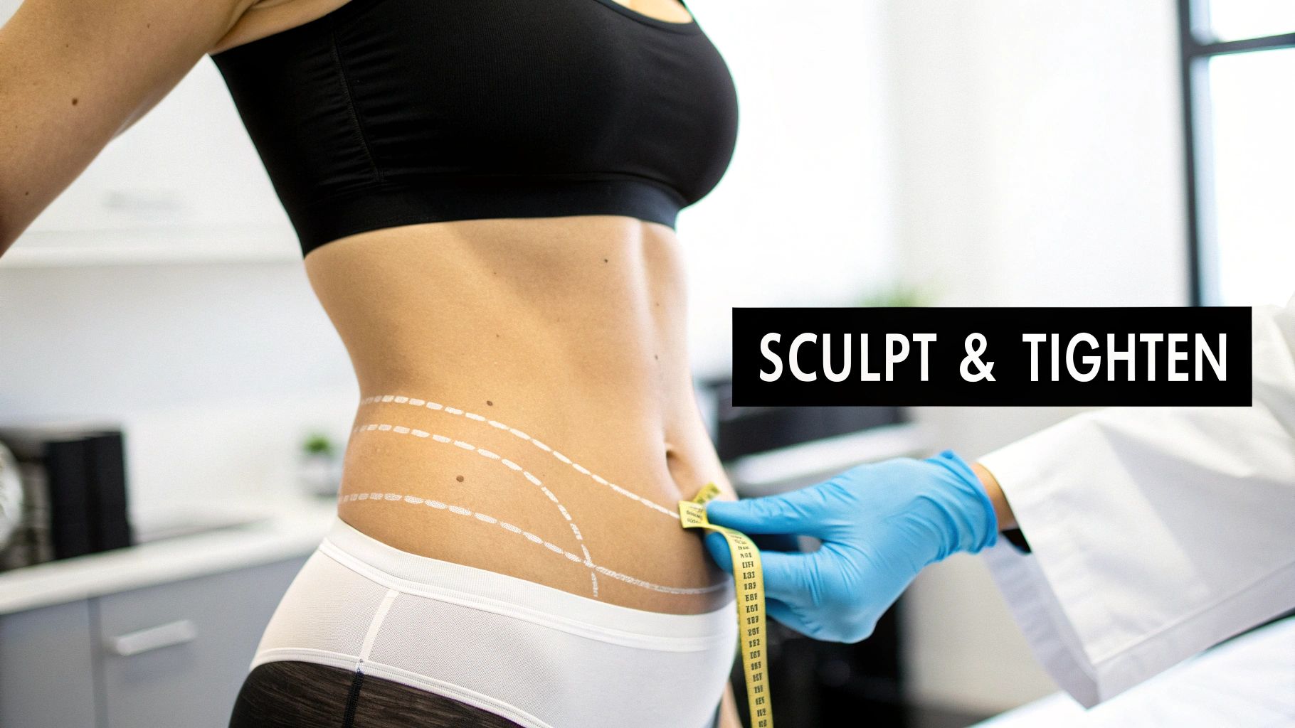 A person's midsection with surgical markings and a doctor measuring the waist, showing 'SCULPT & TIGHTEN'.