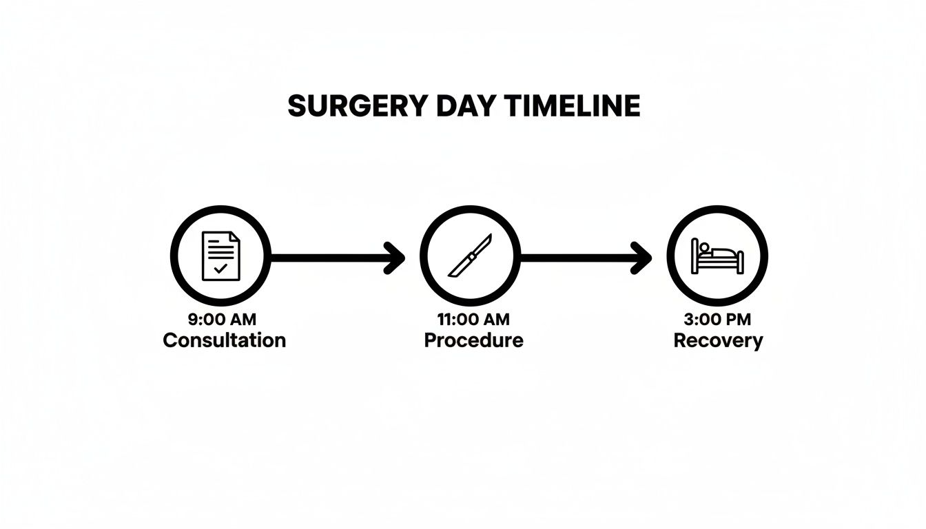 A surgery day timeline with icons showing consultation at 9 AM, procedure at 11 AM, and recovery at 3 PM.
