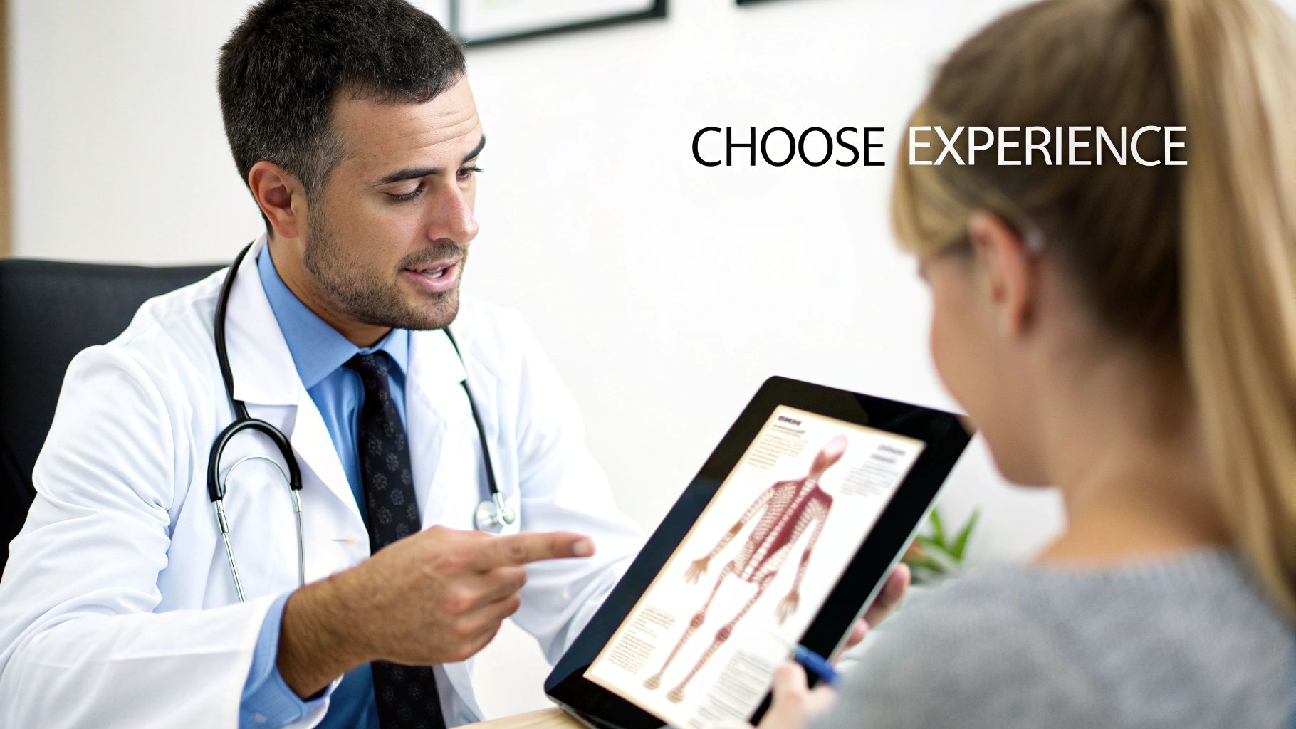 A doctor shows a human skeleton on a tablet to a patient during a consultation, with text 'CHOOSE EXPERIENCE'.