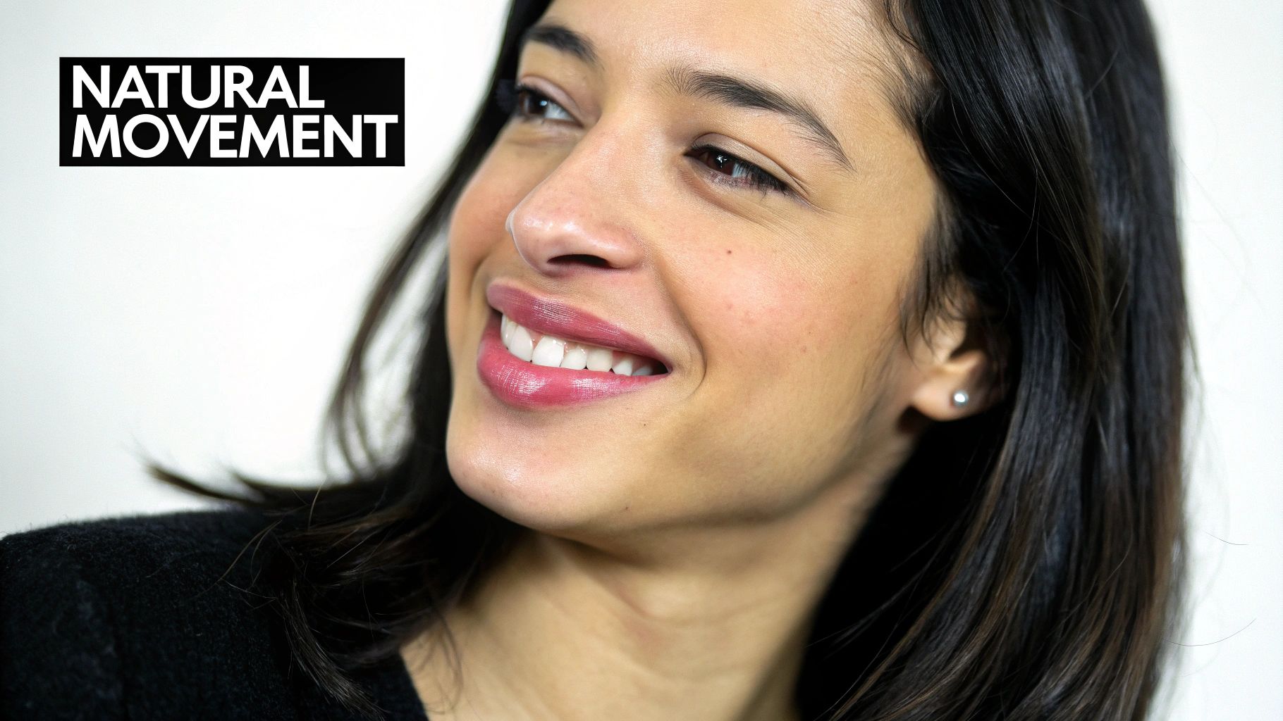 Close-up of a smiling woman with dark hair and pink lipstick, looking to the side, with 'NATURAL MOVEMENT' text.