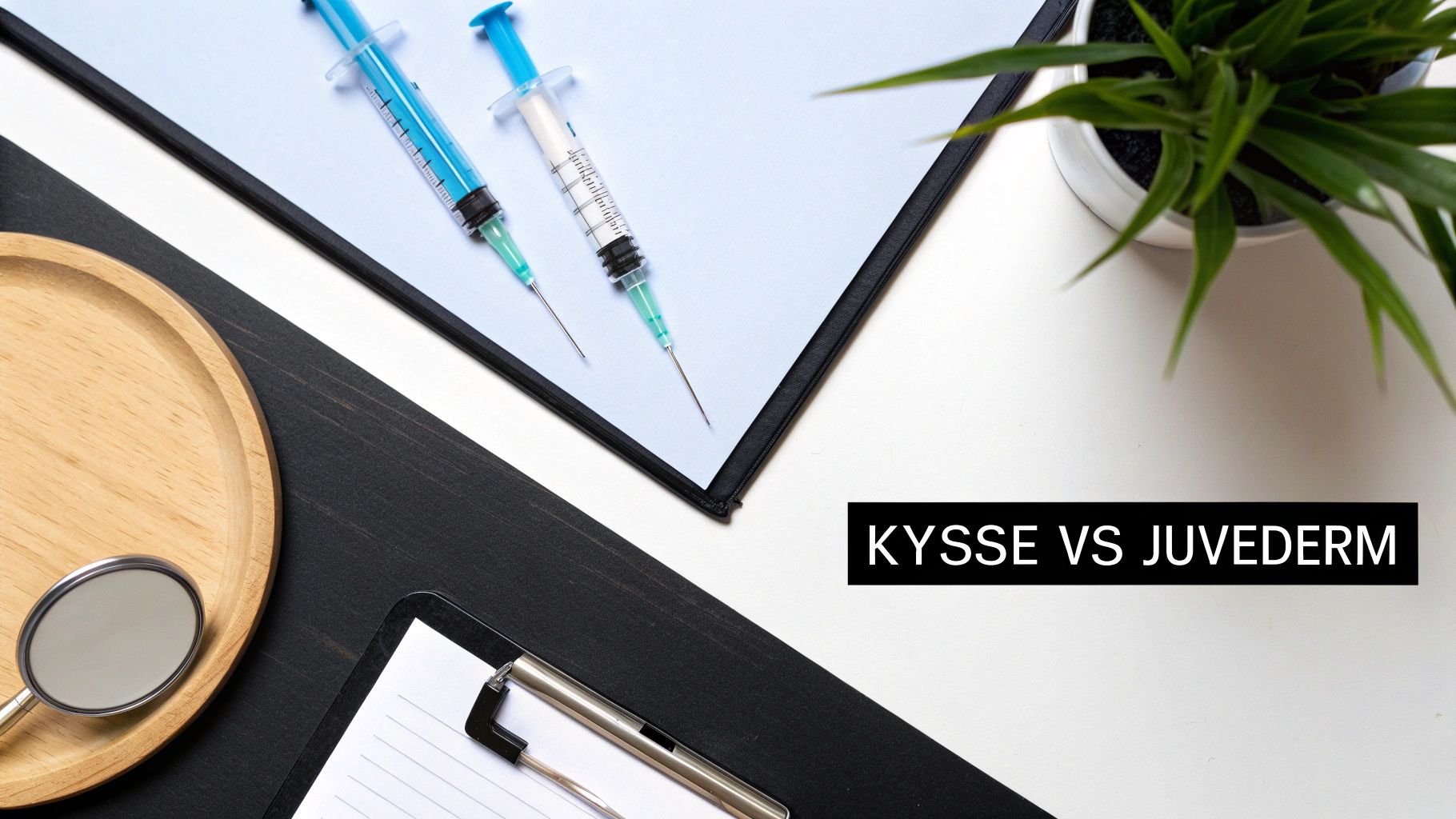 Overhead view of medical syringes, a stethoscope, and a clipboard, with 'KYSSE VS JUVEDERM' text overlay on a desk.