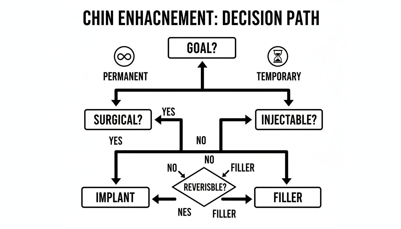 A flowchart titled 'Chin Enhancement: Decision Path' outlining choices for permanent and temporary chin procedures.