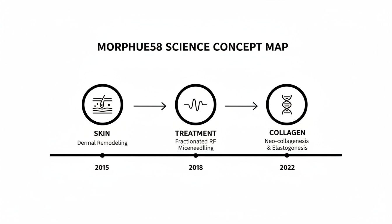 Morpheus8 science concept map illustrating the evolution of skin treatment from dermal remodeling to collagen production (2015-2022).