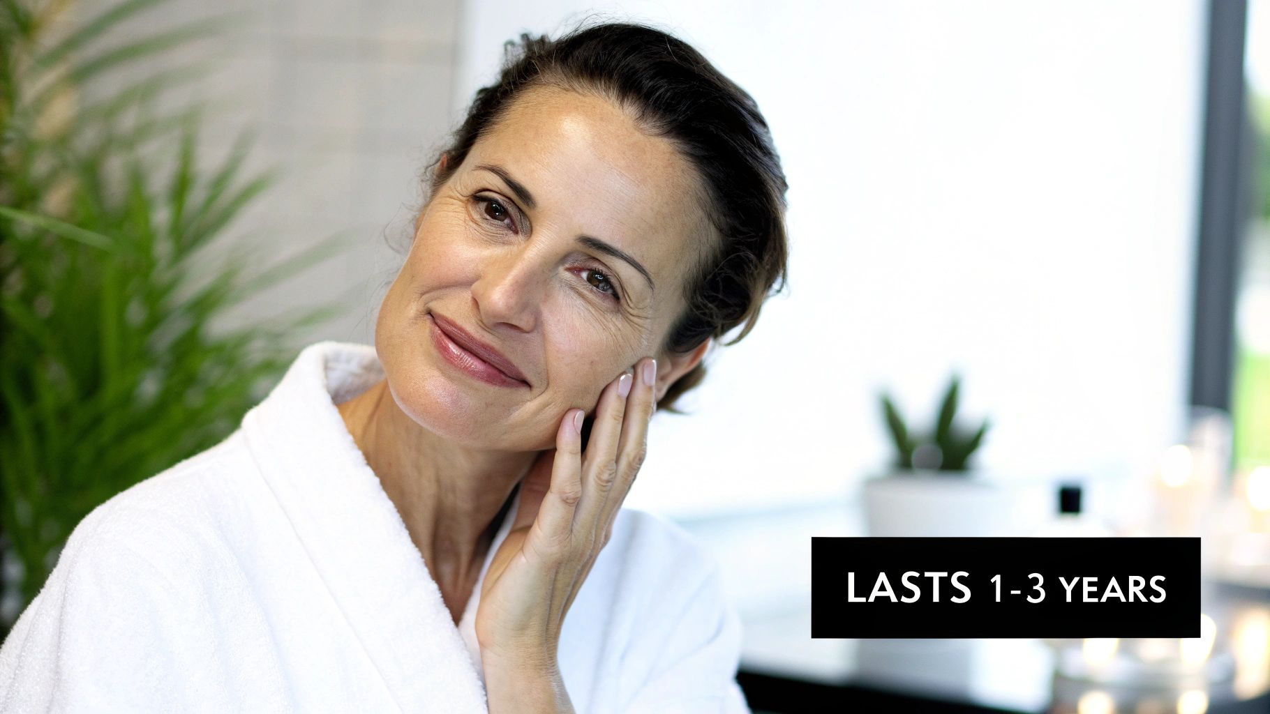 A smiling woman in a white bathrobe gently touches her cheek, with text "LASTS 1-3 YEARS".