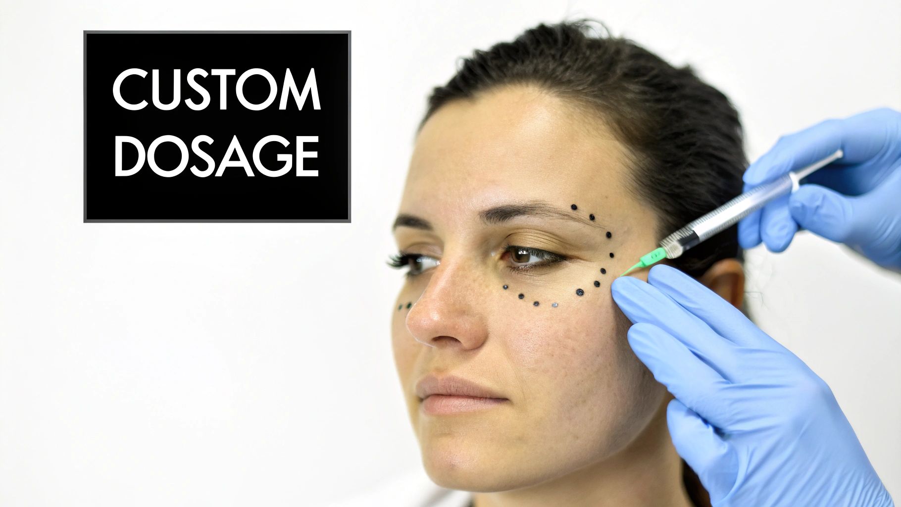 A woman receives custom dosage botox injections around her eyes for wrinkles, with injection points marked.