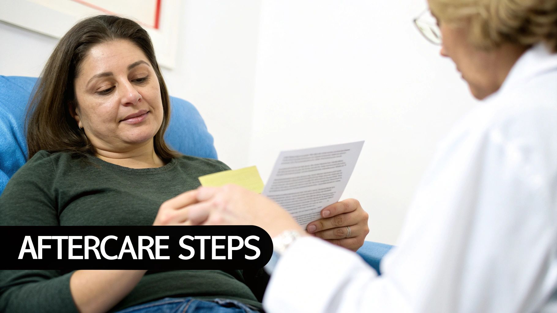 A woman in a blue chair receiving aftercare instructions from a healthcare professional.