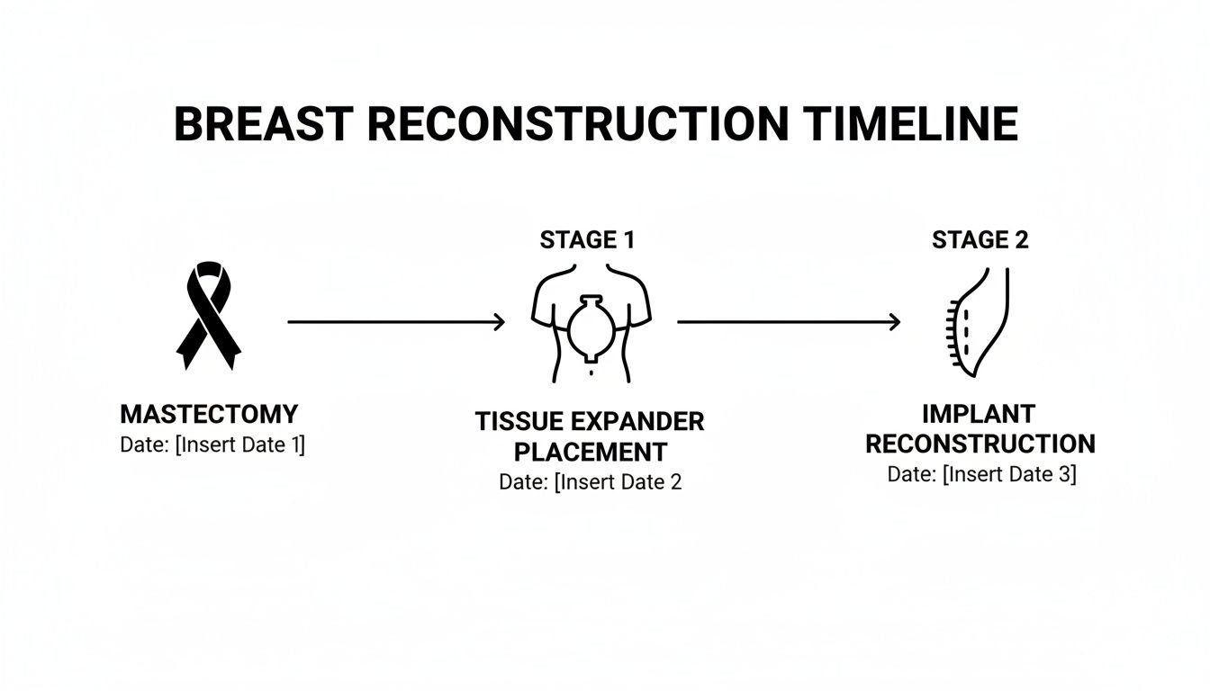 Timeline illustrating the stages of breast reconstruction: mastectomy, tissue expander placement (Stage 1), and implant reconstruction (Stage 2).