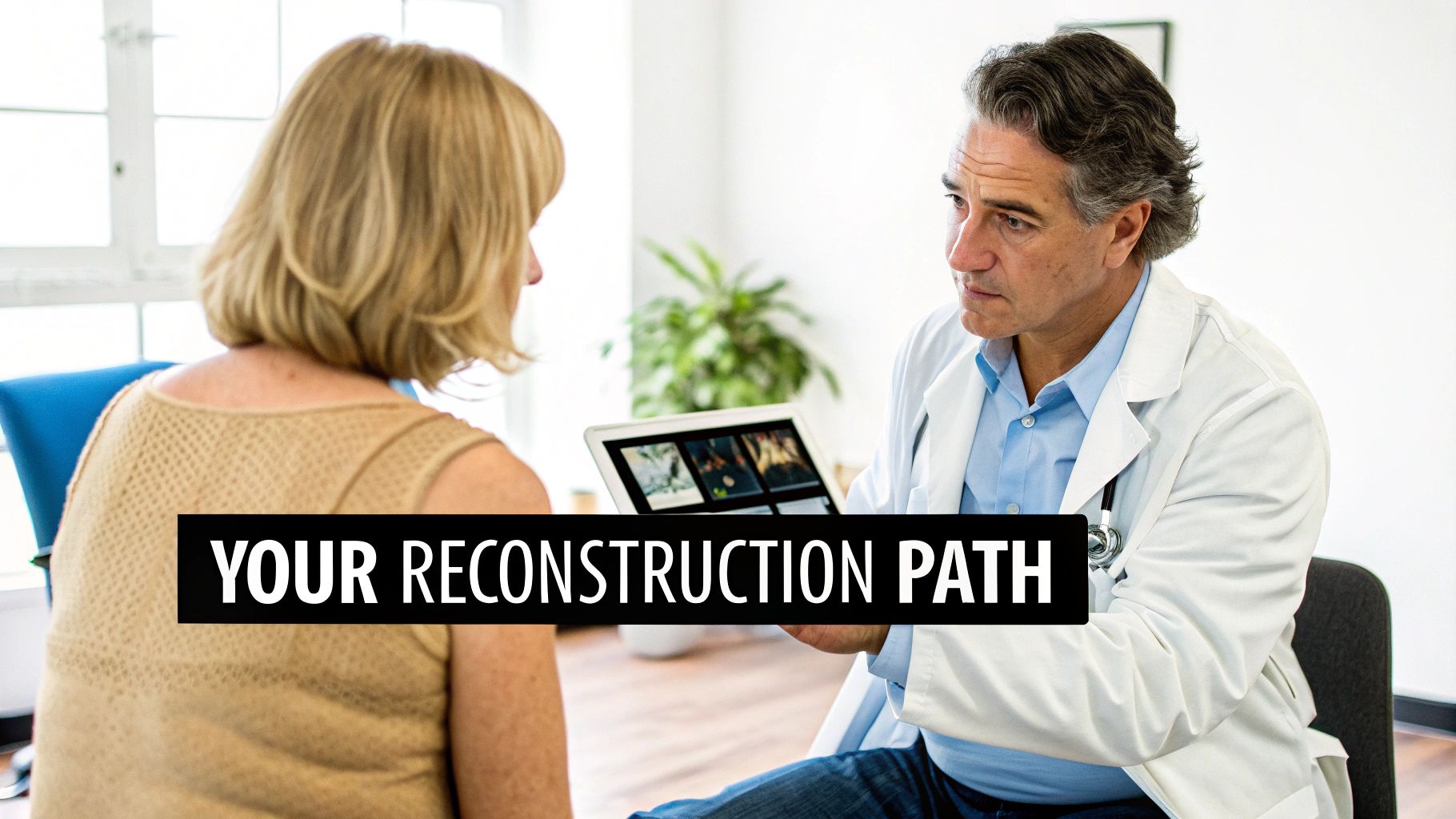 Doctor discusses reconstruction options with a female patient, showing images on a tablet.