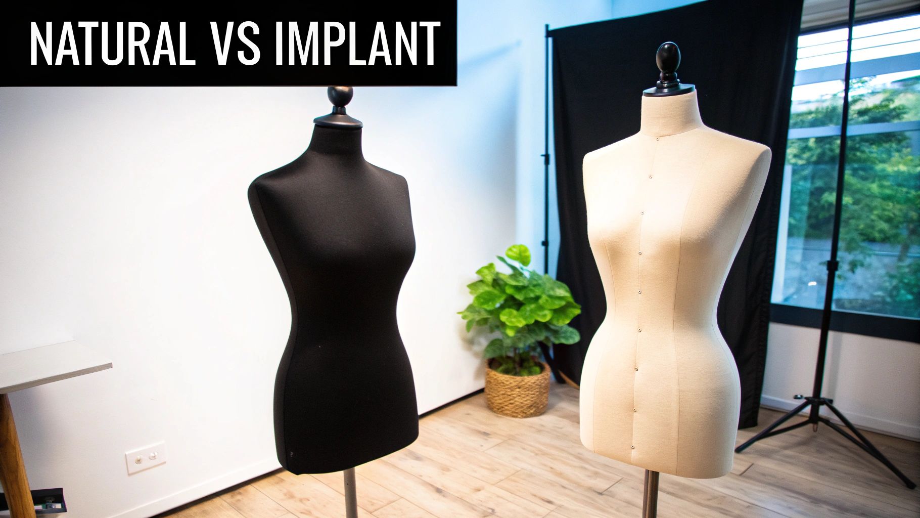 Two tailor's mannequins, one black and one beige, under the text 'Natural vs Implant'.