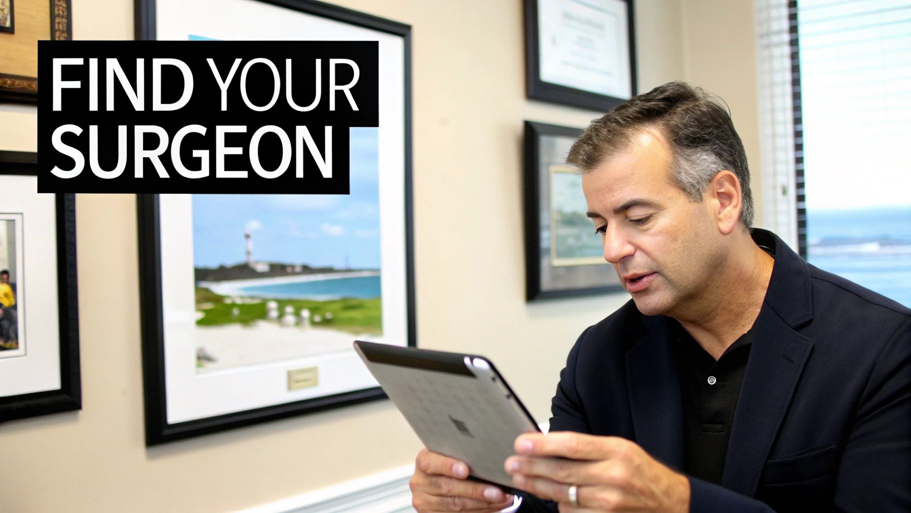 Professional man in a dark jacket using a tablet, next to a black box with 'FIND YOUR SURGEON' text.