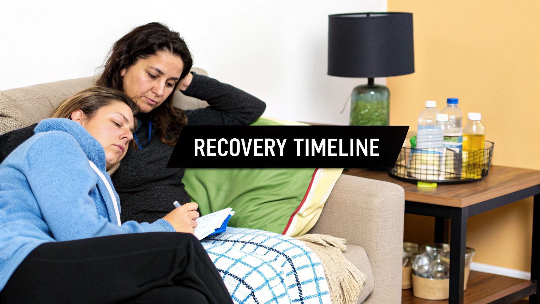 Two women on a couch, one resting while the other looks at a notebook, with "RECOVERY TIMELINE" text.