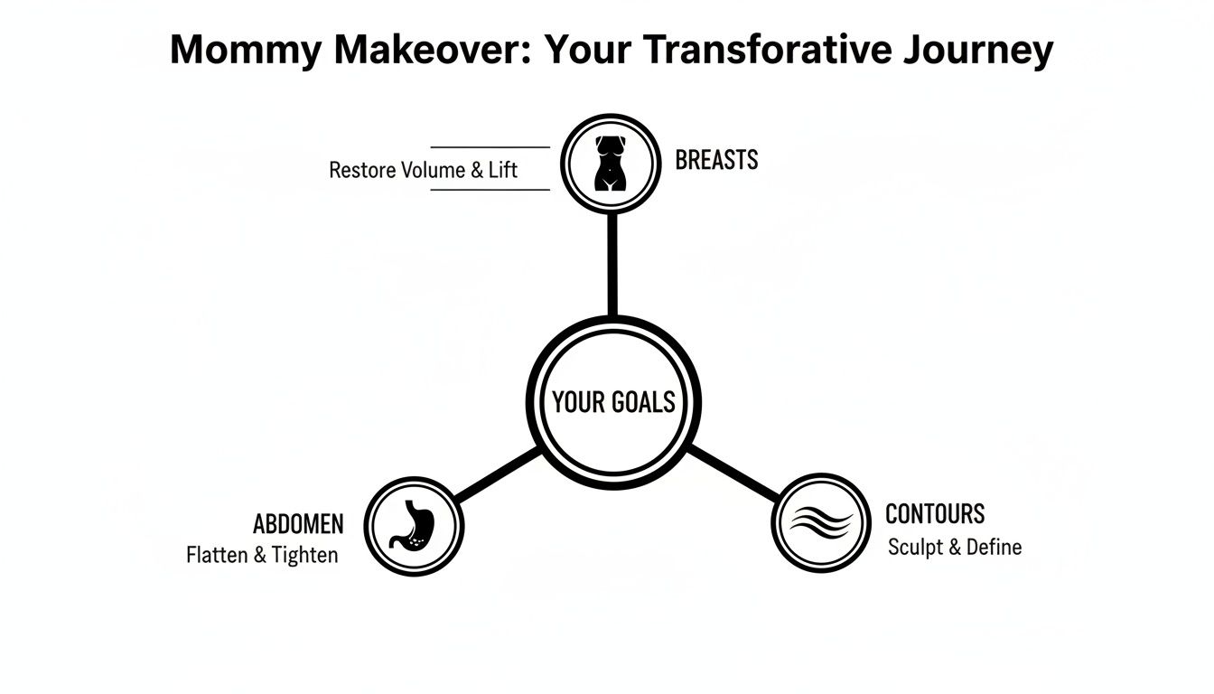 Diagram illustrating mommy makeover goals: breast lift, abdomen flattening, and body sculpting.