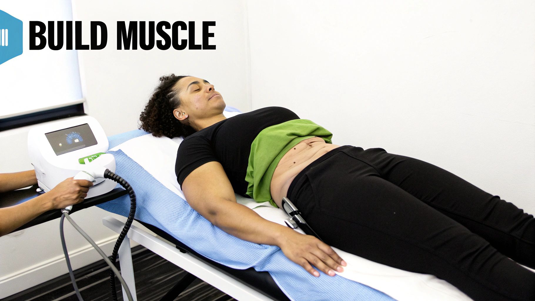 A woman lies on a bed with a green towel, receiving a body contouring treatment for her abdomen.
