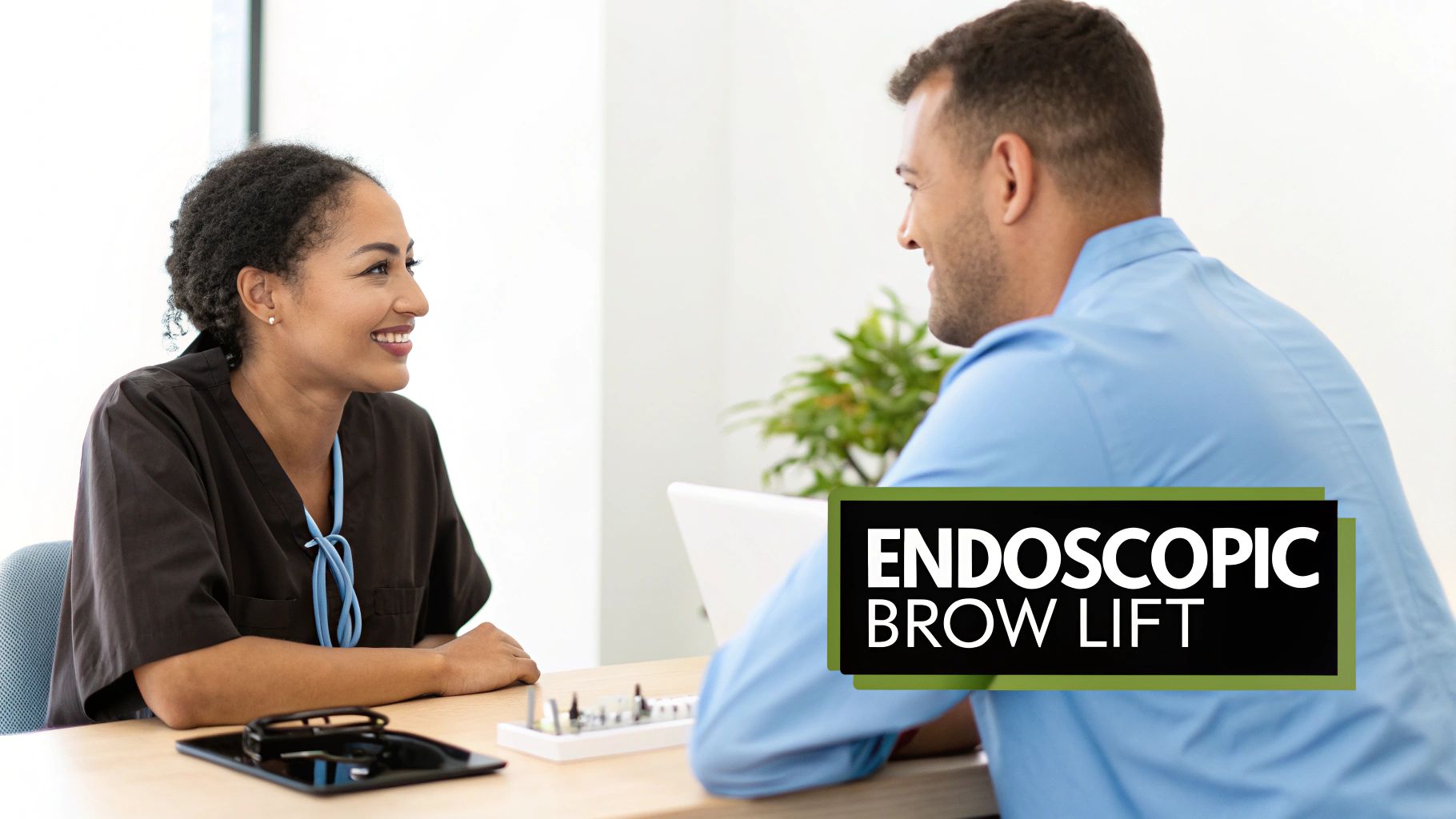 Female medical professional smiles at a male patient during a consultation about endoscopic brow lift.