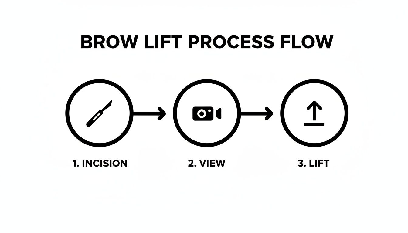 A three-step flowchart demonstrating the brow lift process: incision with a scalpel, view with a camera, and lift.