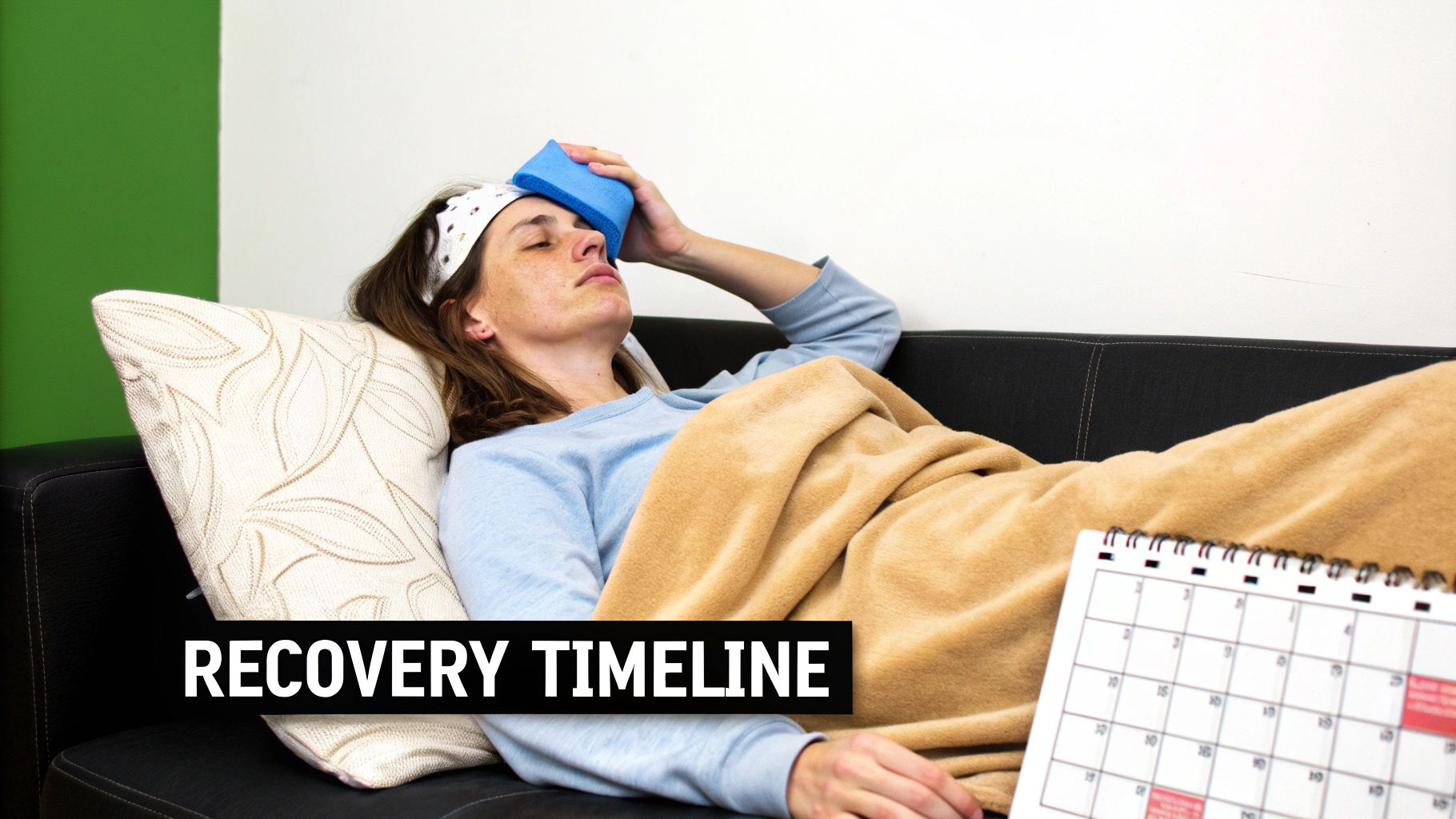 A sick woman lies on a couch with a cold compress and blanket, next to a calendar, depicting a recovery timeline.