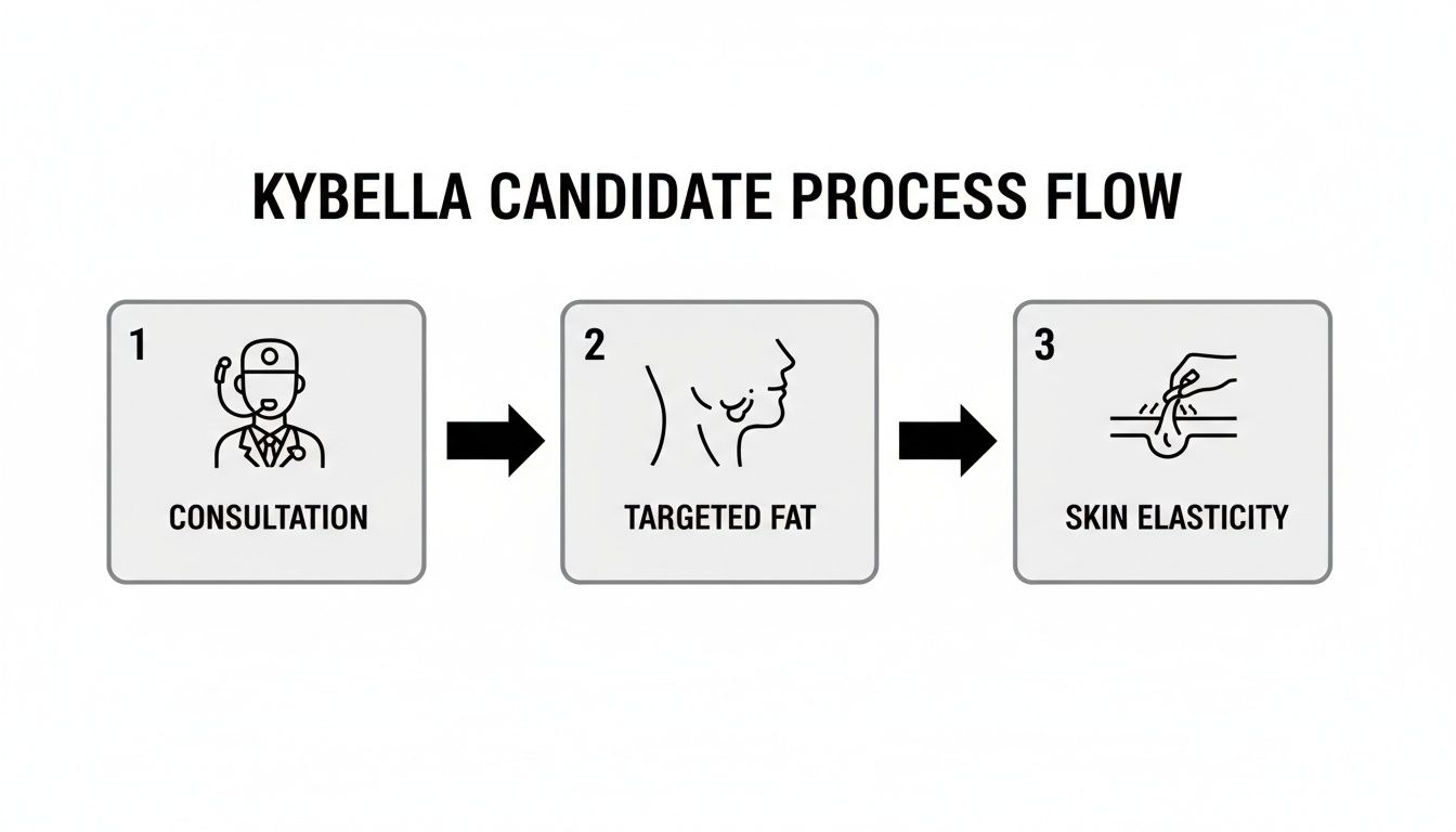 Flowchart showing the Kybella candidate assessment process, including consultation, targeted fat evaluation, and skin elasticity check.
