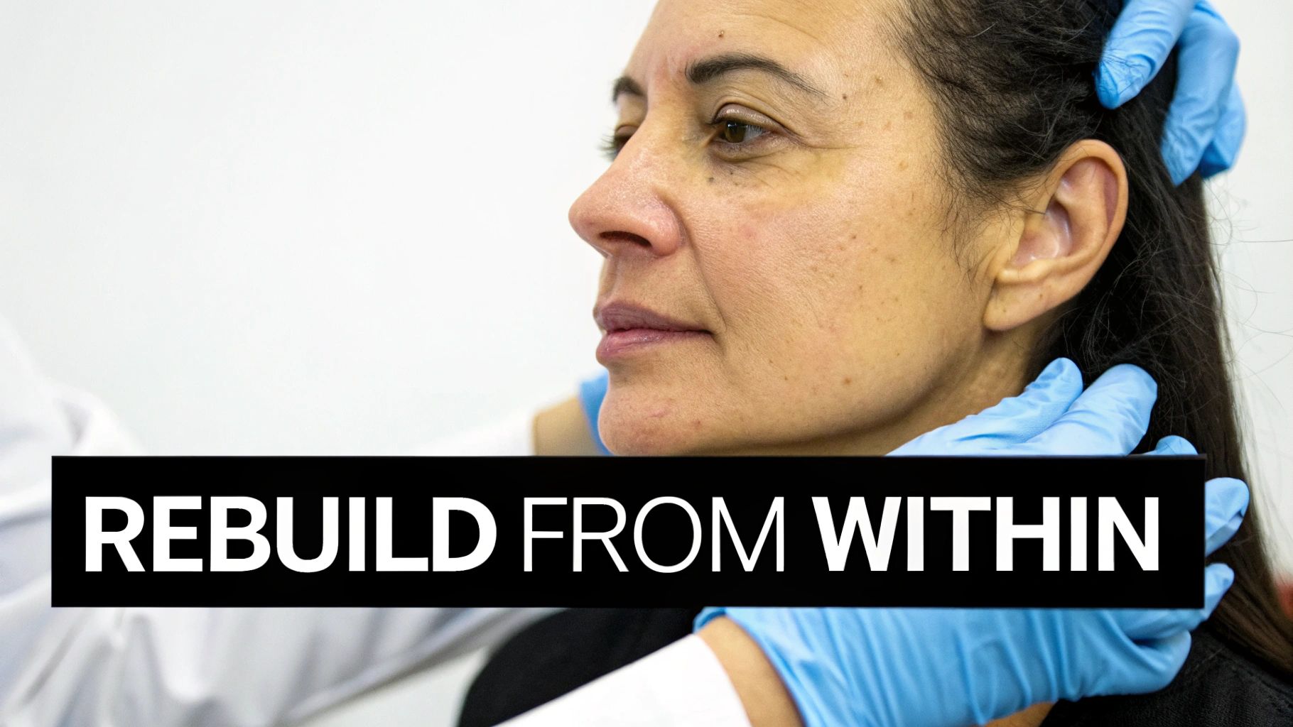 Close-up of a woman receiving a cosmetic treatment with gloved hands, and text 'REBUILD FROM WITHIN'.