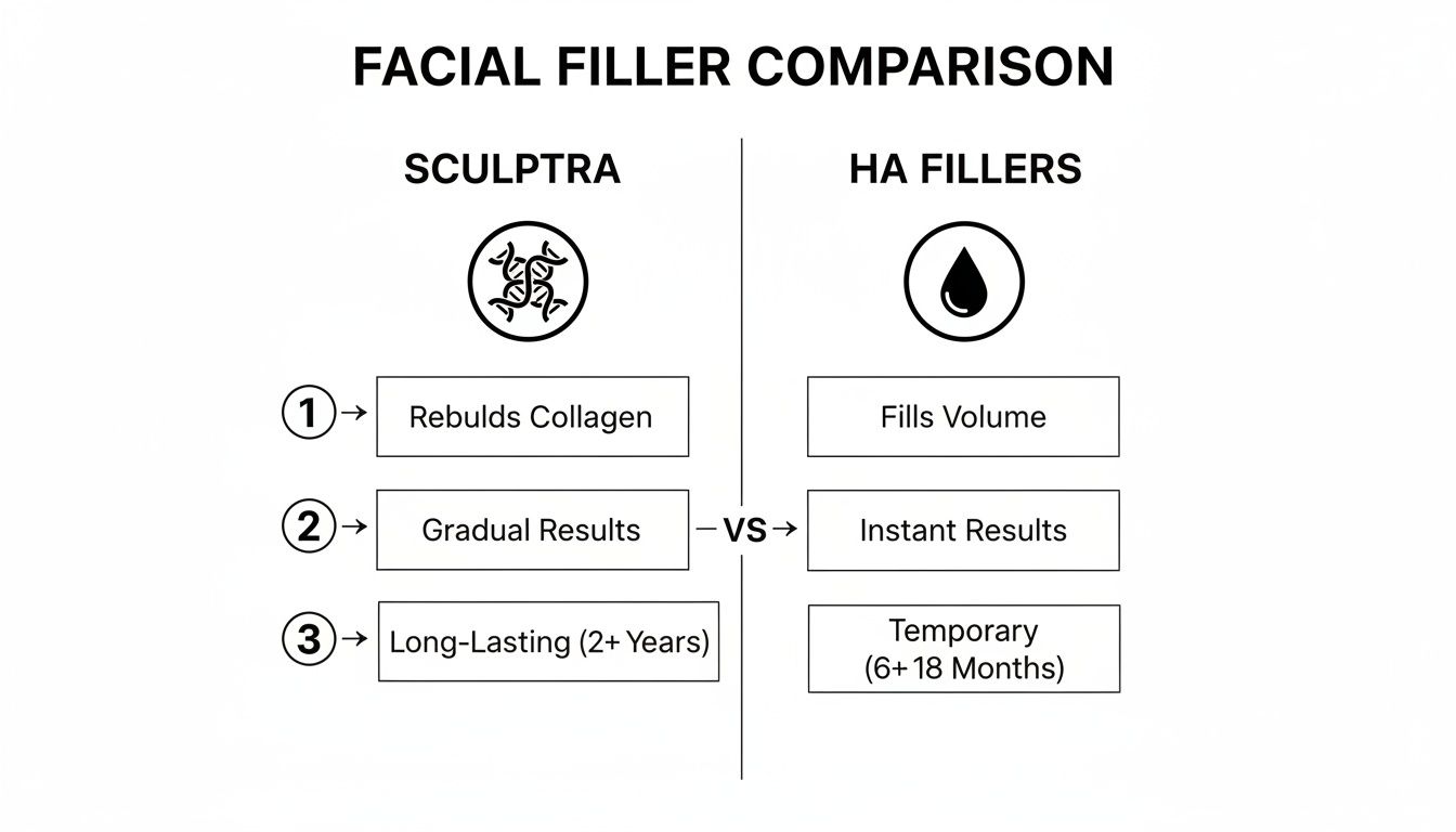 Infographic comparing Sculptra and HA facial fillers' benefits, onset, and duration.