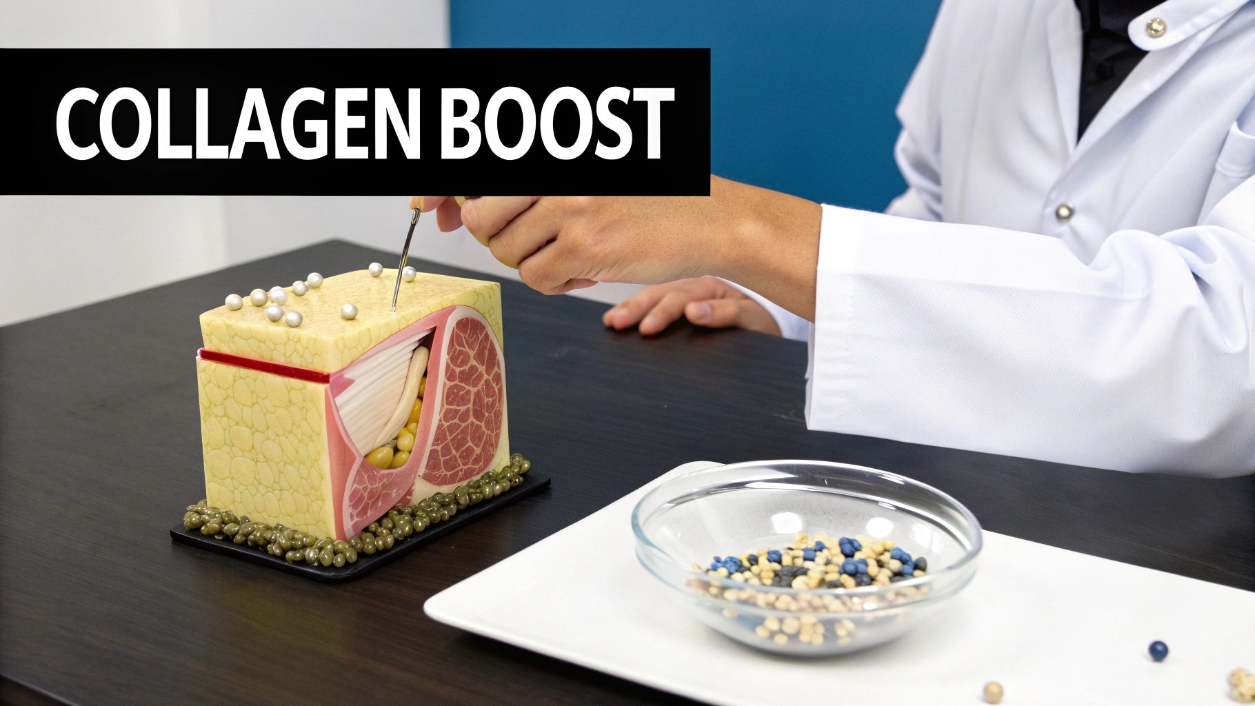 Hands in a lab coat demonstrate a collagen boost treatment on a detailed skin model.