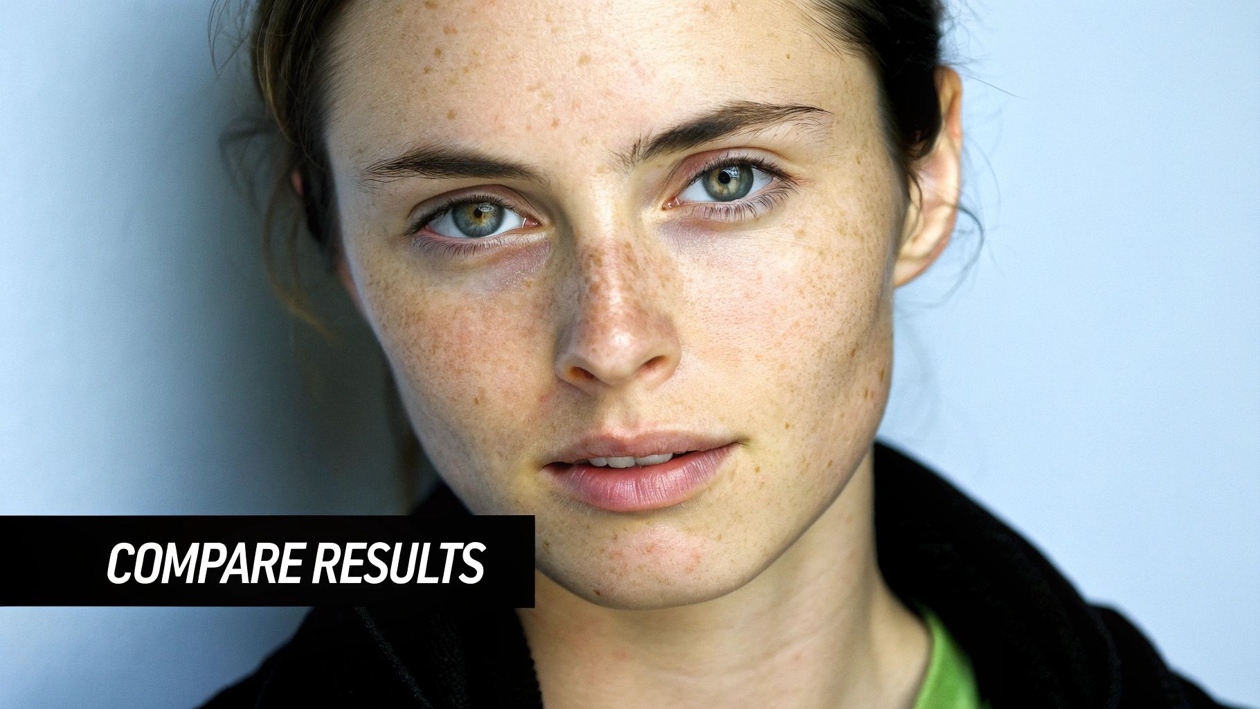 Close-up portrait of a woman with freckles and striking green eyes, looking forward.