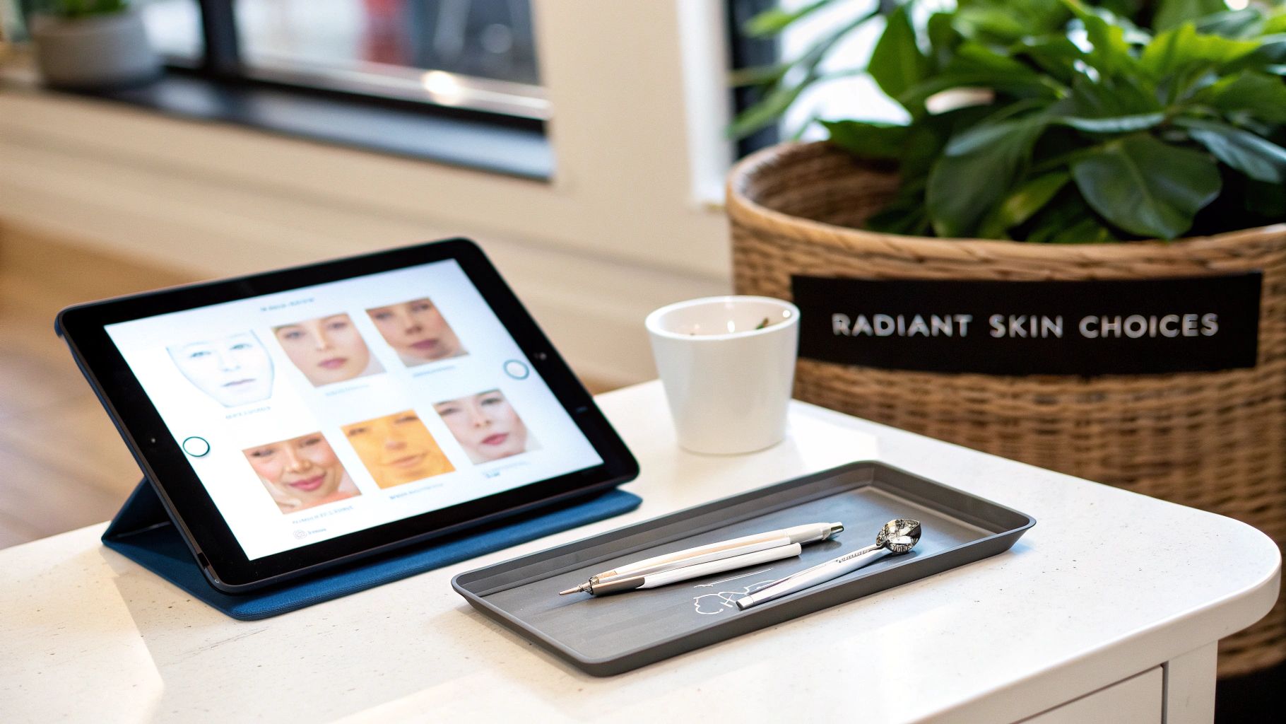 Skincare consultation area with an iPad showing skin choices, treatment tools, and a 'Radiant Skin Choices' sign.