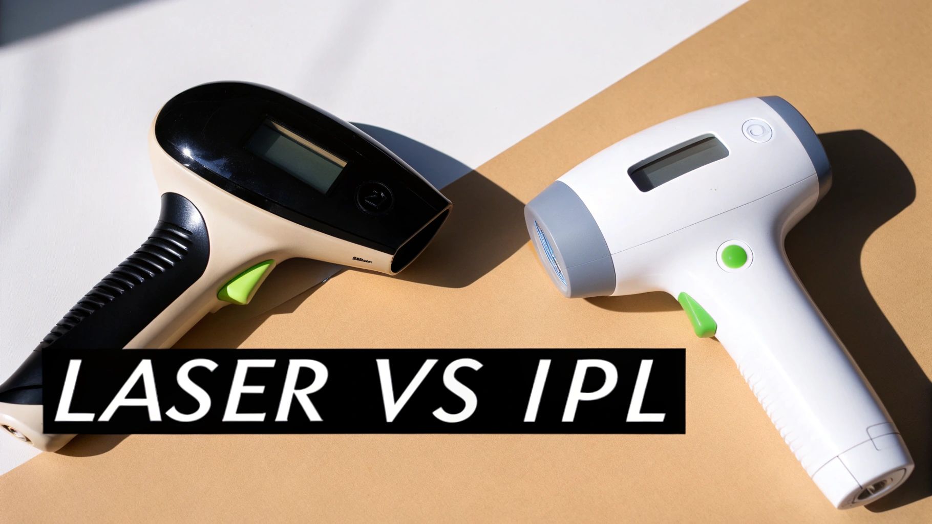 Two handheld devices, one beige and one white, representing Laser and IPL hair removal technologies.