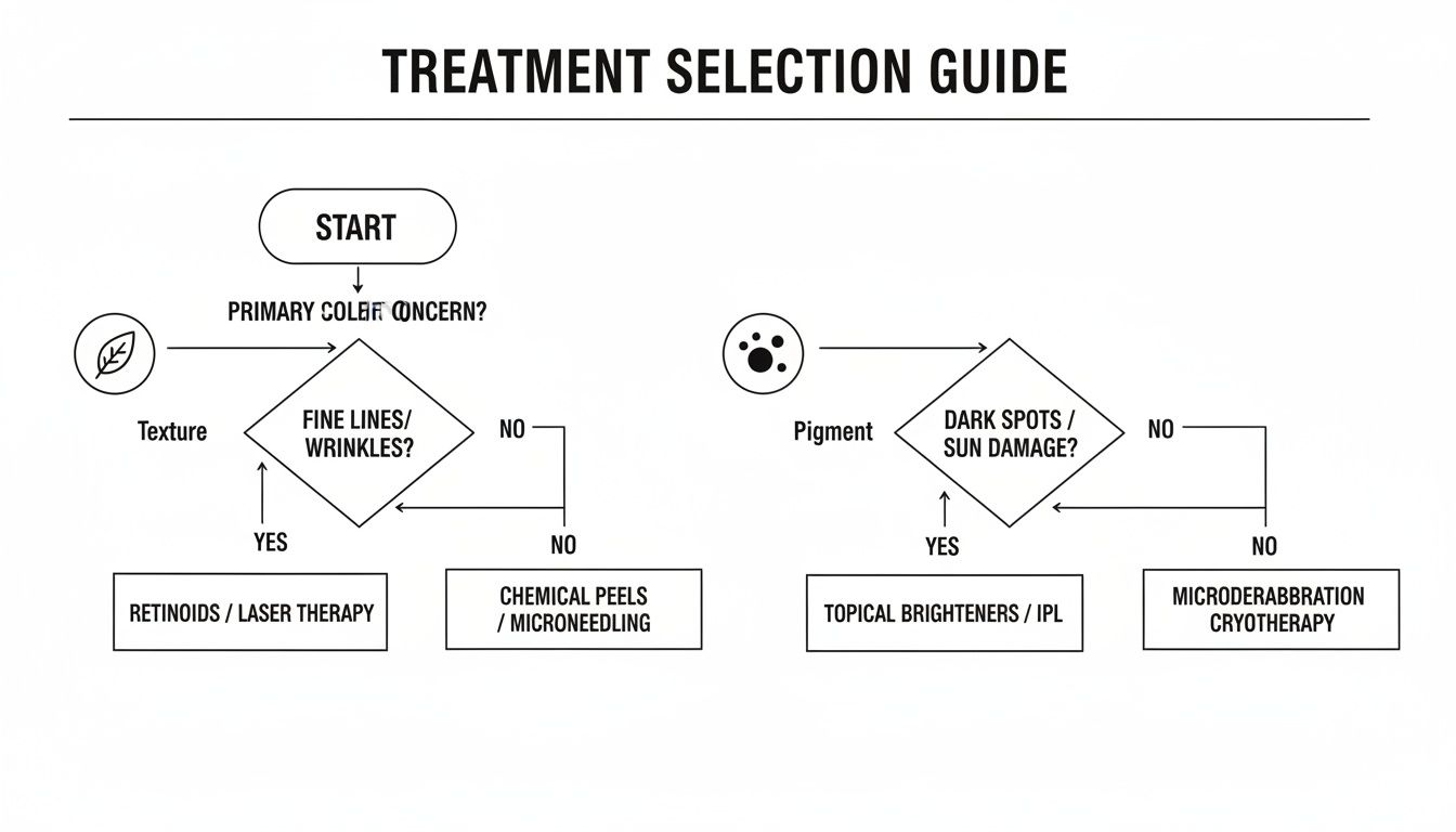 Flowchart guide for selecting skin treatments based on texture and pigment concerns, including fine lines, wrinkles, dark spots, and sun damage.