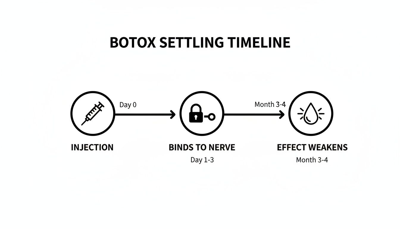 A black and white diagram illustrates the Botox settling timeline, showing injection, nerve binding, and effect weakening stages.